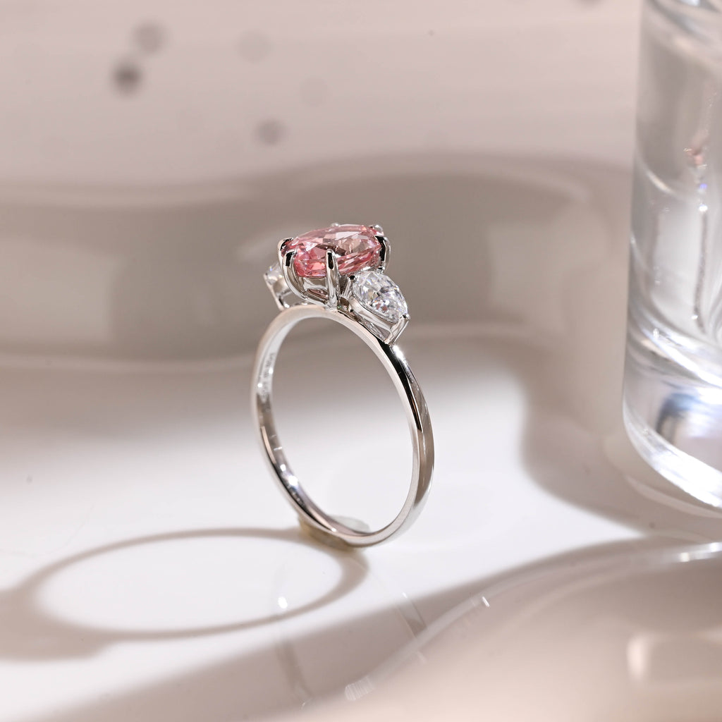 Solid Gold Three Stone Oval Cut Pink Moissanite Engagement Ring