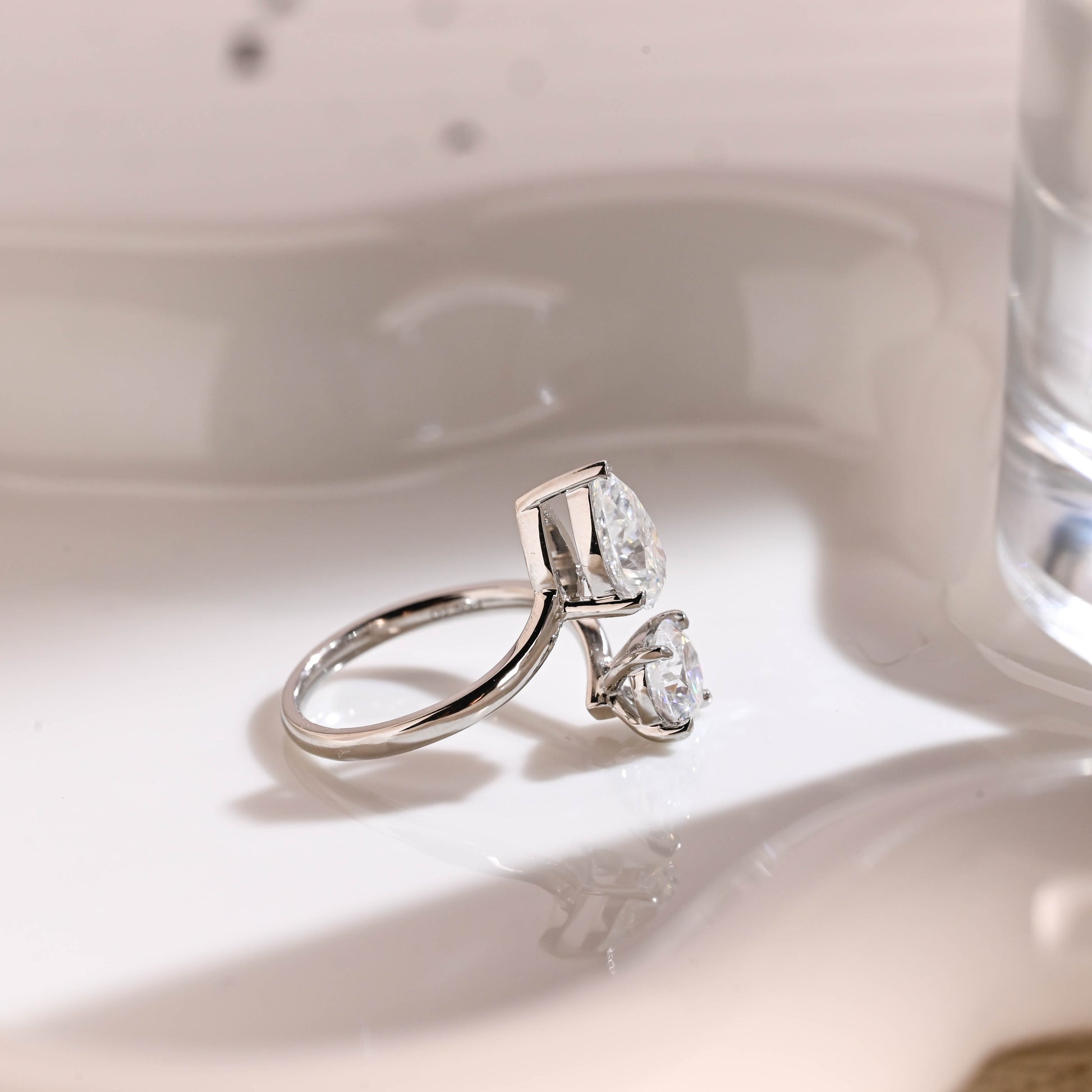Solid Gold Toi et Moi Round & Pear Cut Moissanite Engagement Ring