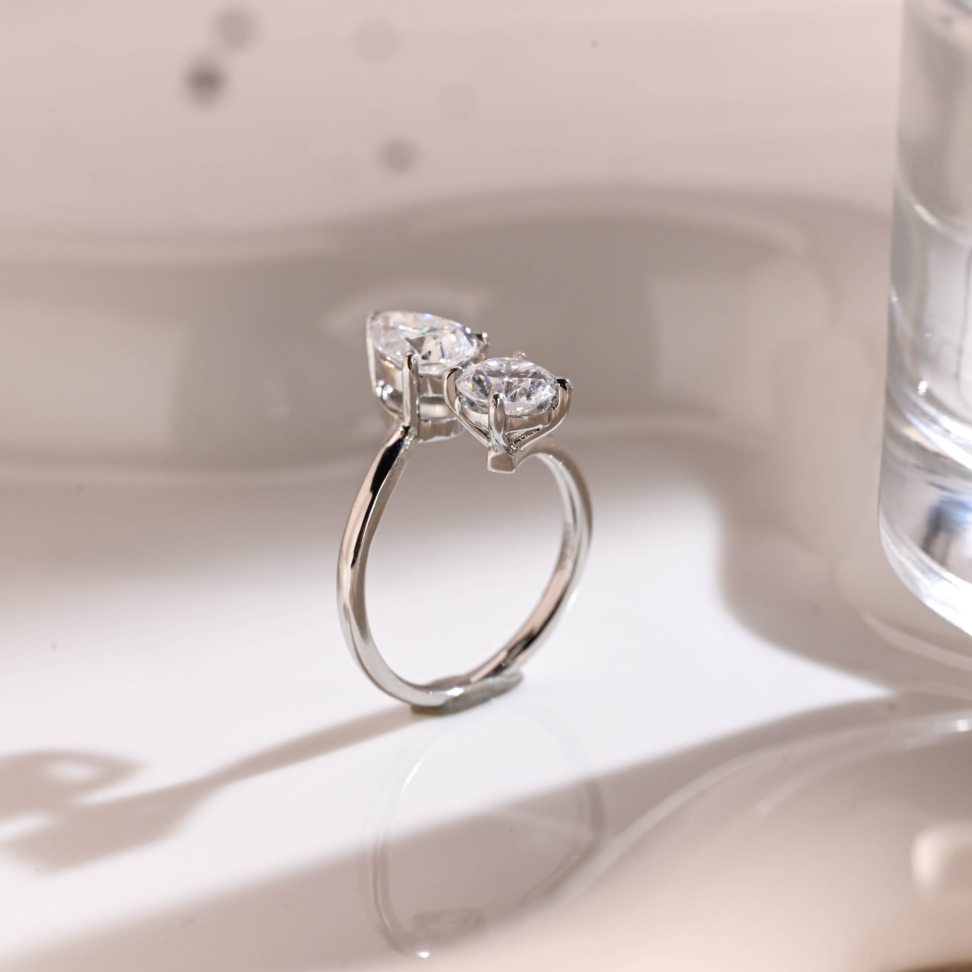 Solid Gold Toi et Moi Round & Pear Cut Moissanite Engagement Ring