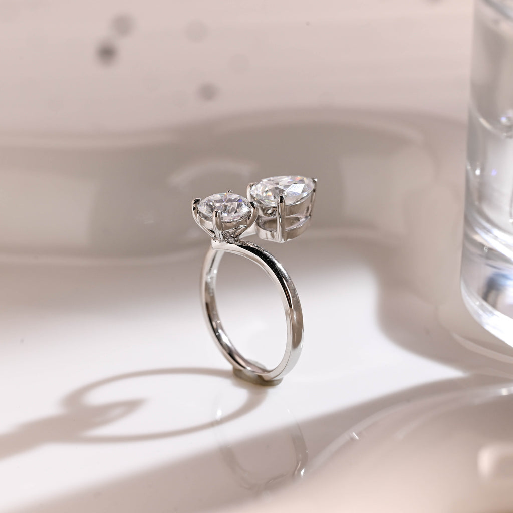 Solid Gold Toi et Moi Round & Pear Cut Moissanite Engagement Ring
