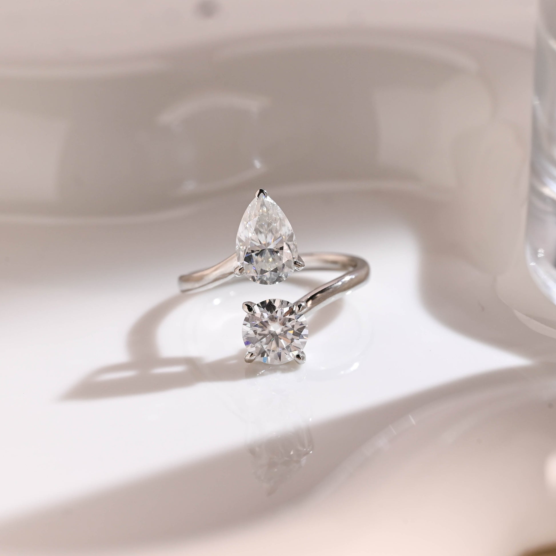 Solid Gold Toi et Moi Round & Pear Cut Moissanite Engagement Ring