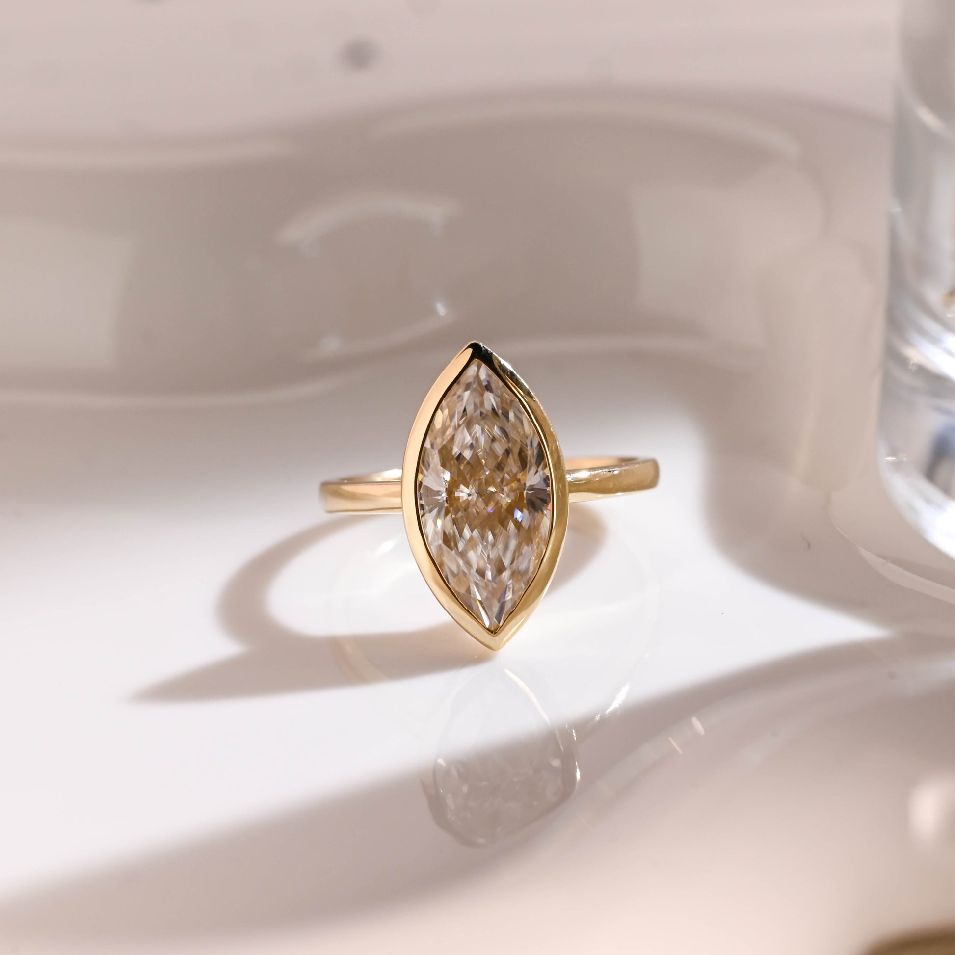 Solid Gold Solitaire Crushed Ice Marquise Cut Moissanite Engagement Ring