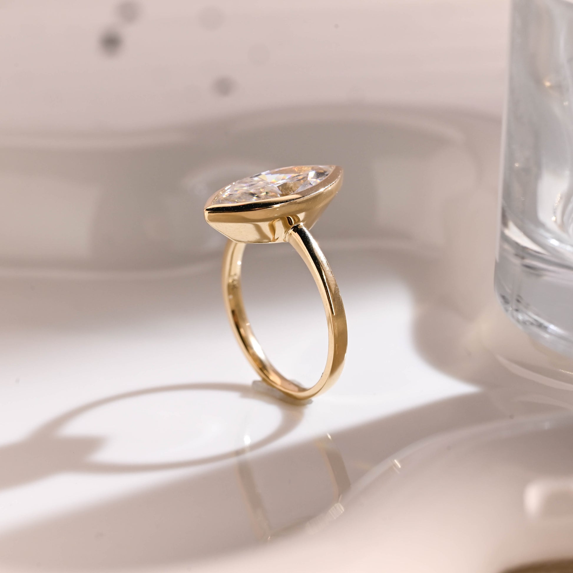 Solid Gold Solitaire Crushed Ice Marquise Cut Moissanite Engagement Ring