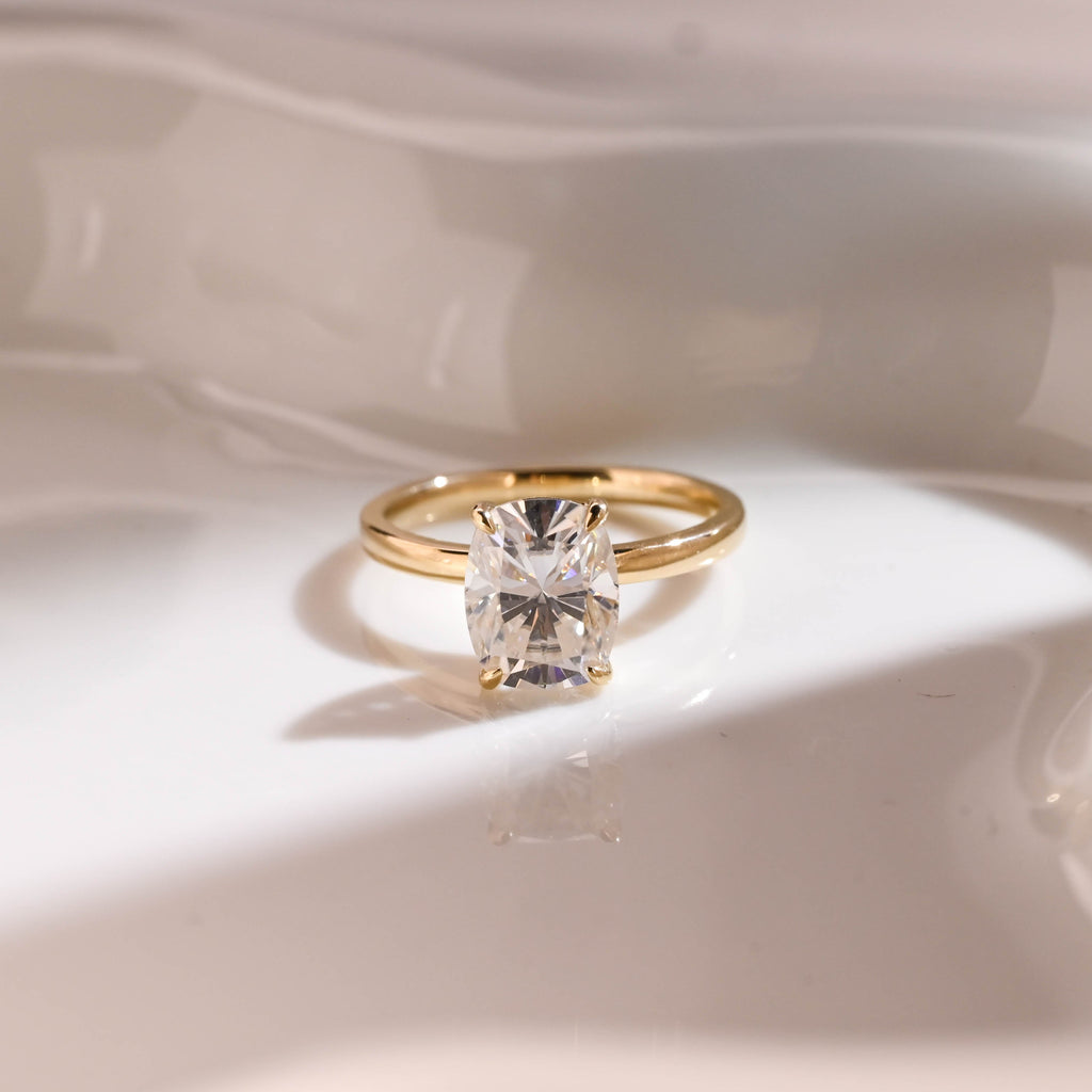 Solid Gold Solitaire Elongated Cushion Cut Moissanite Engagement Ring