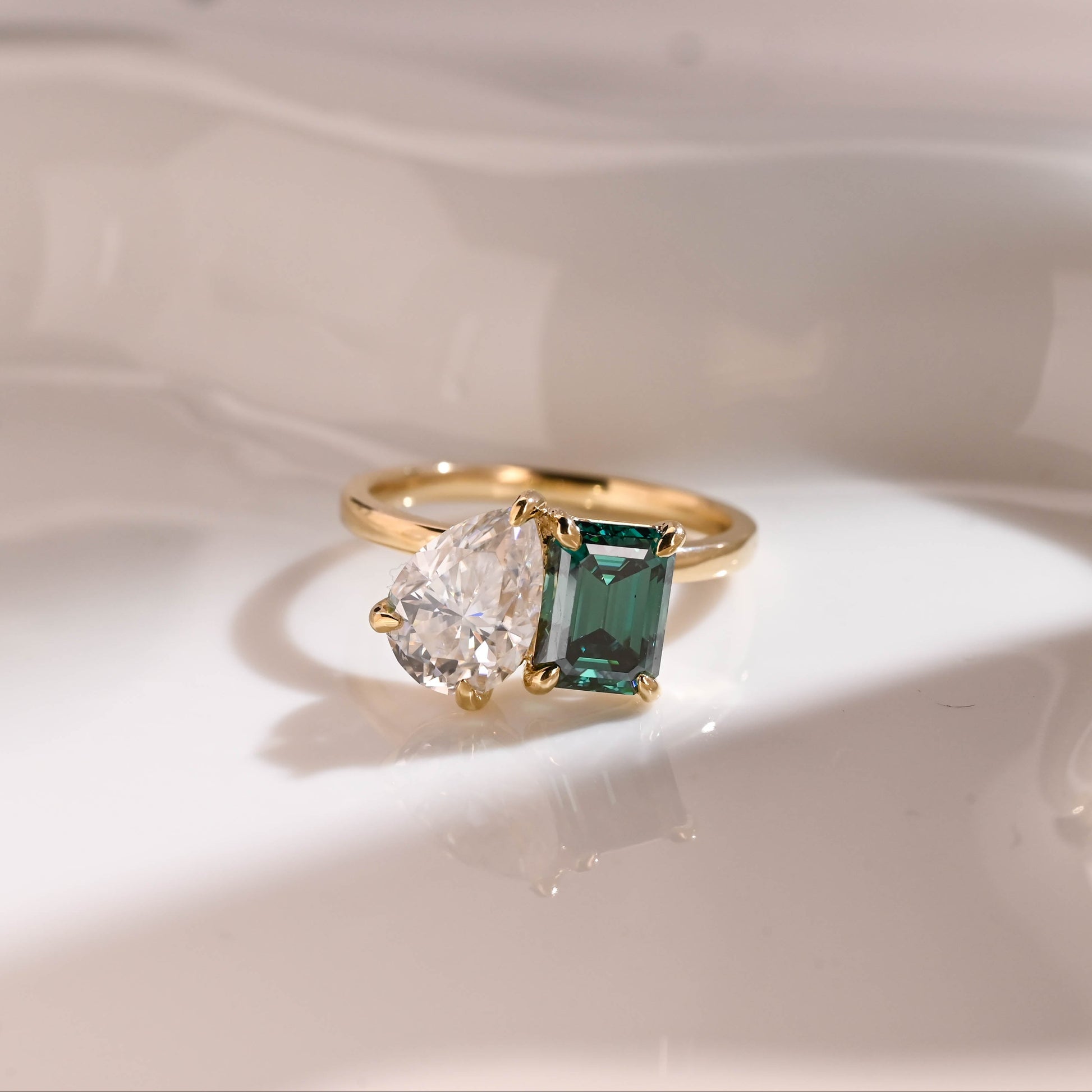 Solid Gold Toi et Moi Ring Emerald Cut Green Moissanite & Pear Cut Moissanite Engagement Ring