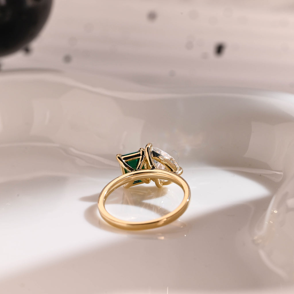 Solid Gold Toi et Moi Ring Emerald Cut Green Moissanite & Pear Cut Moissanite Engagement Ring