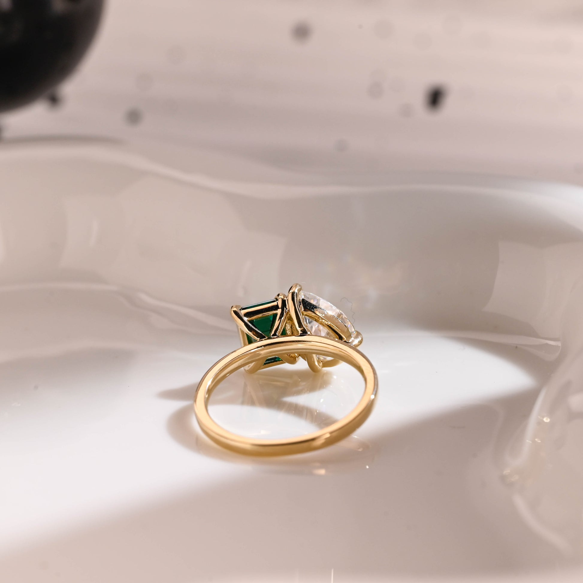 Solid Gold Toi et Moi Ring Emerald Cut Green Moissanite & Pear Cut Moissanite Engagement Ring