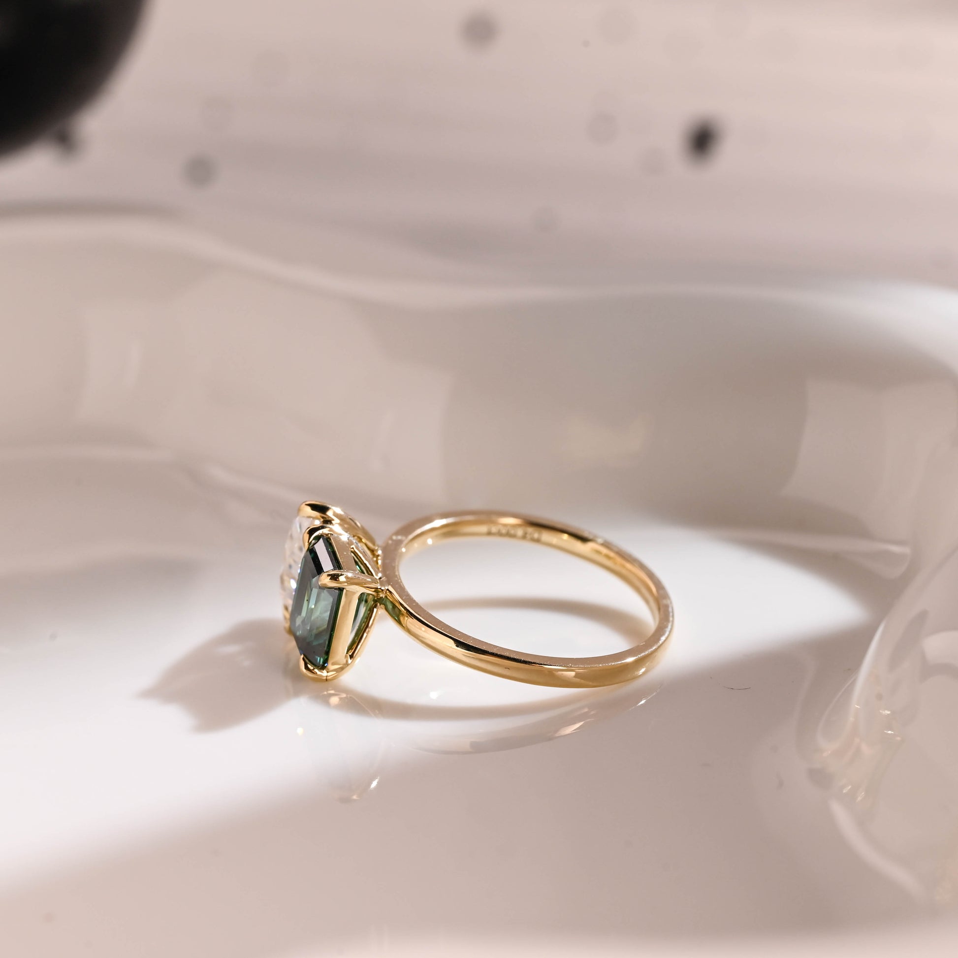 Solid Gold Toi et Moi Ring Emerald Cut Green Moissanite & Pear Cut Moissanite Engagement Ring