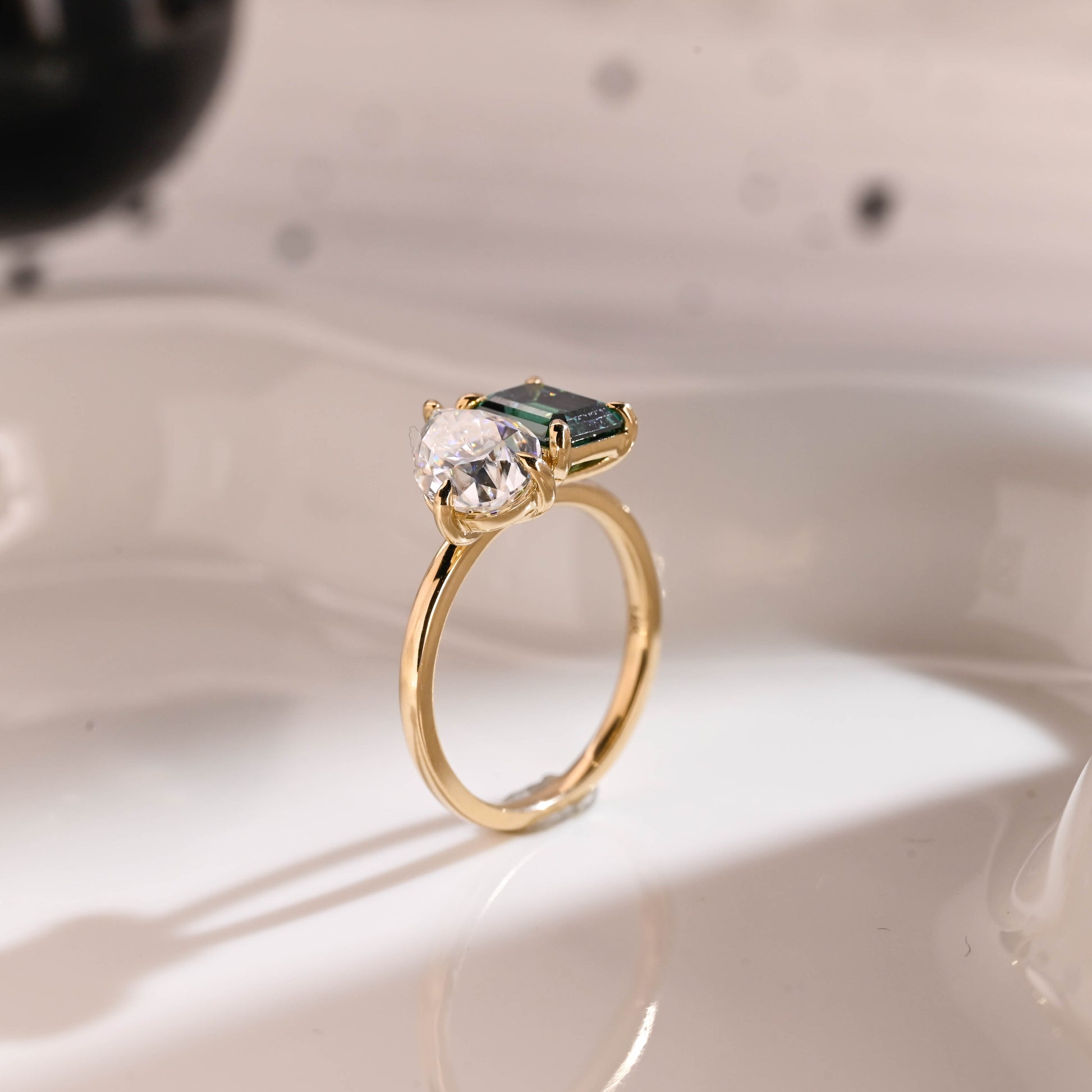 Solid Gold Toi et Moi Ring Emerald Cut Green Moissanite & Pear Cut Moissanite Engagement Ring