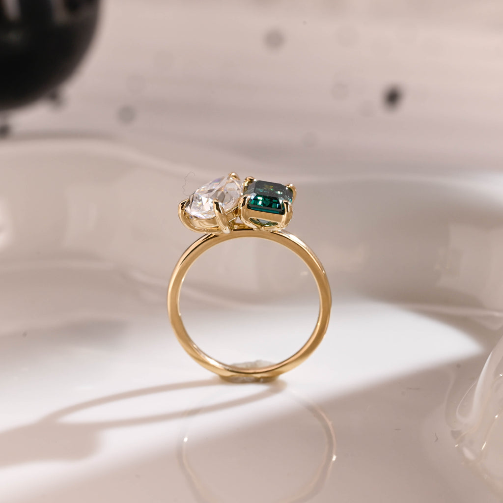 Solid Gold Toi et Moi Ring Emerald Cut Green Moissanite & Pear Cut Moissanite Engagement Ring