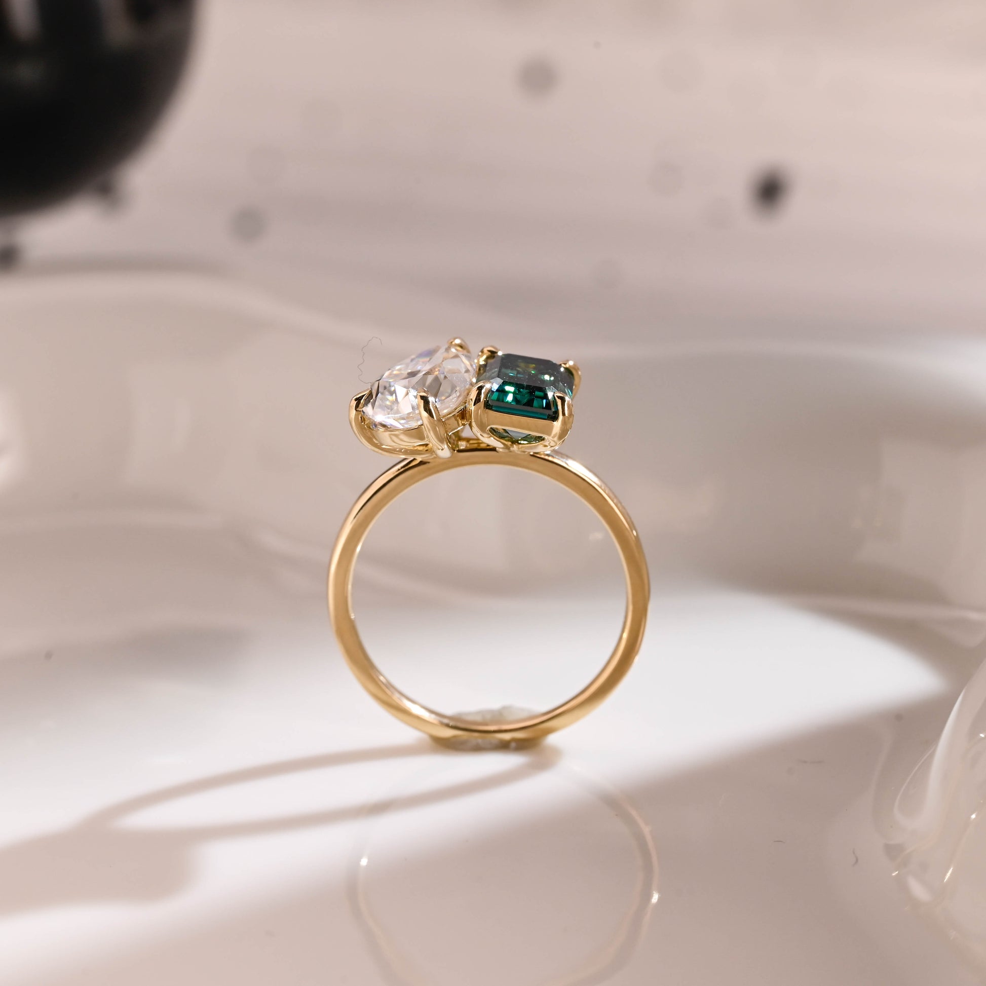 Solid Gold Toi et Moi Ring Emerald Cut Green Moissanite & Pear Cut Moissanite Engagement Ring