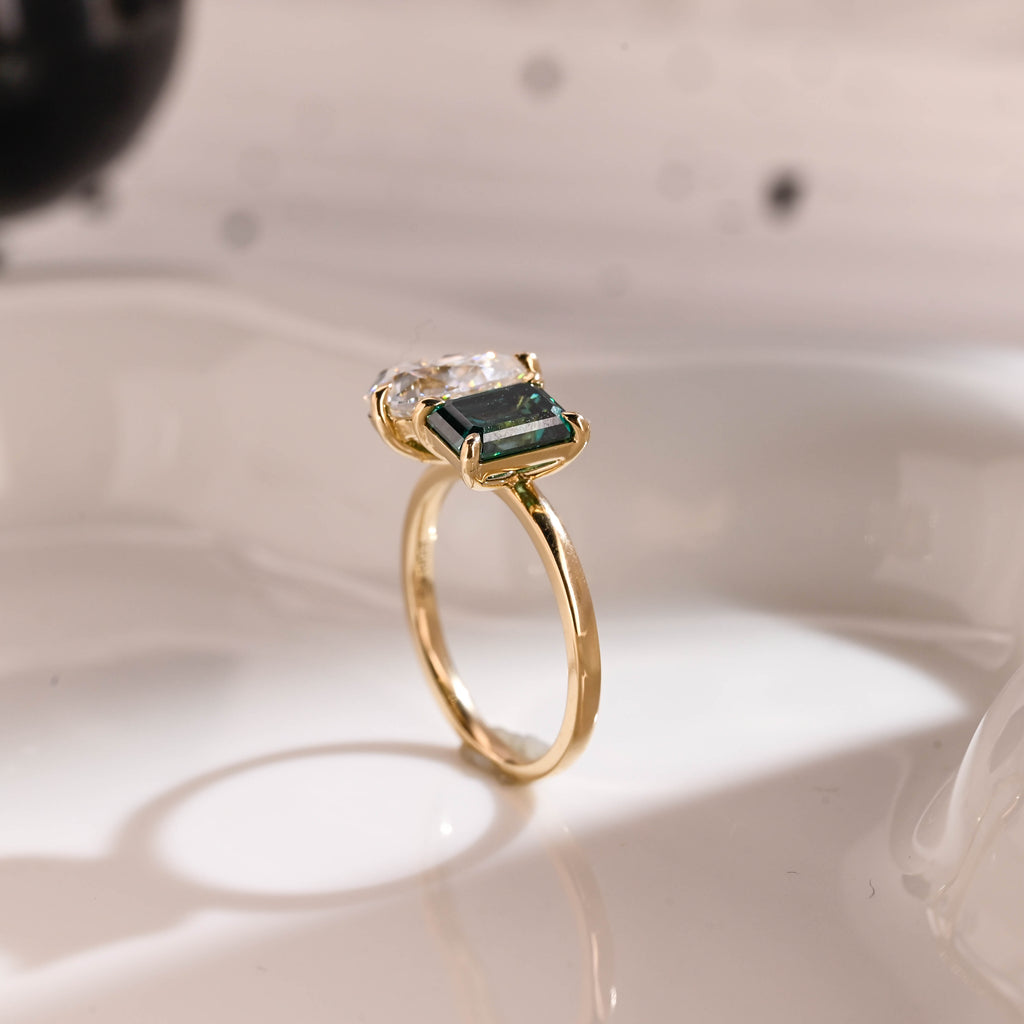 Solid Gold Toi et Moi Ring Emerald Cut Green Moissanite & Pear Cut Moissanite Engagement Ring