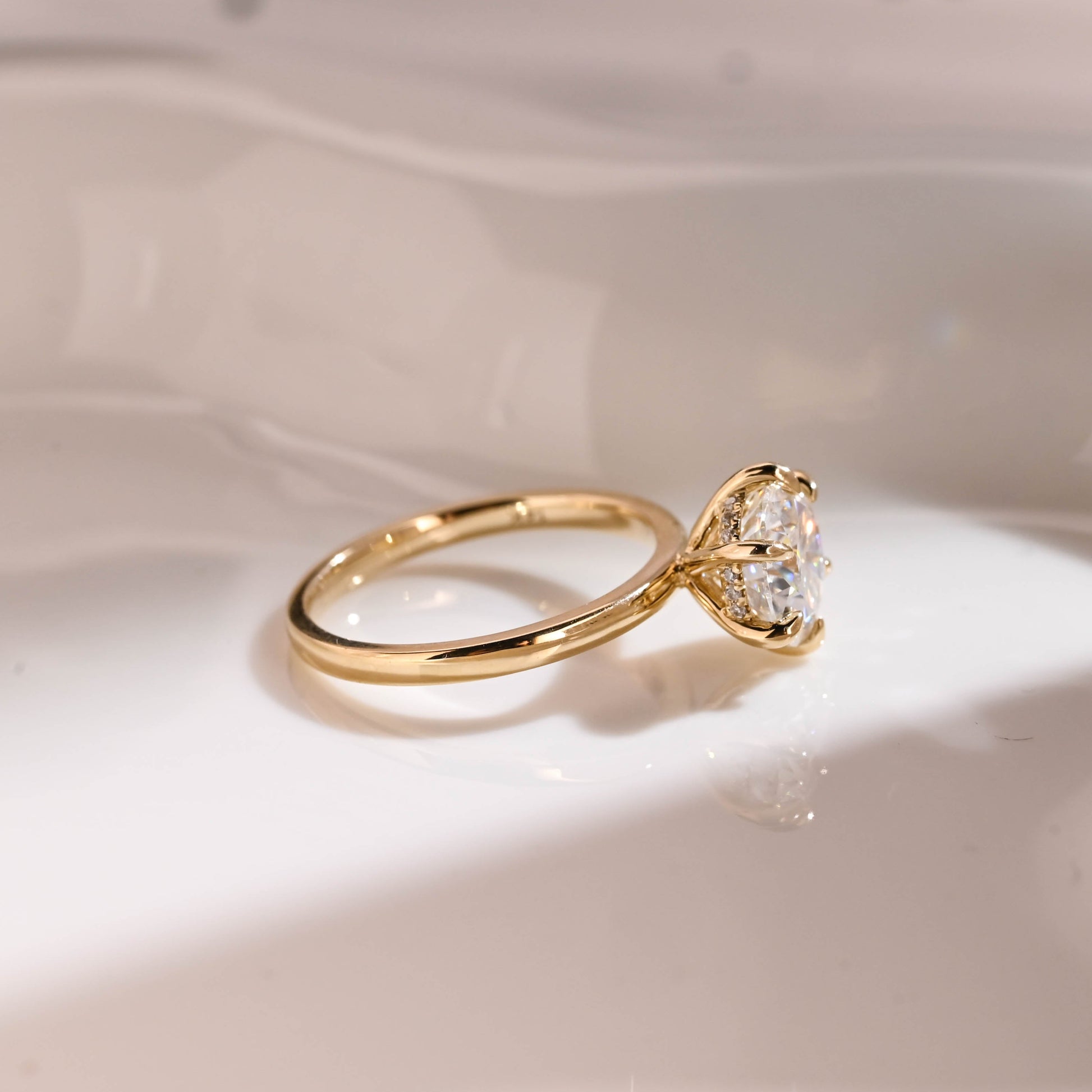 Solid Gold Hidden Halo Round Cut Moissanite Engagement Ring