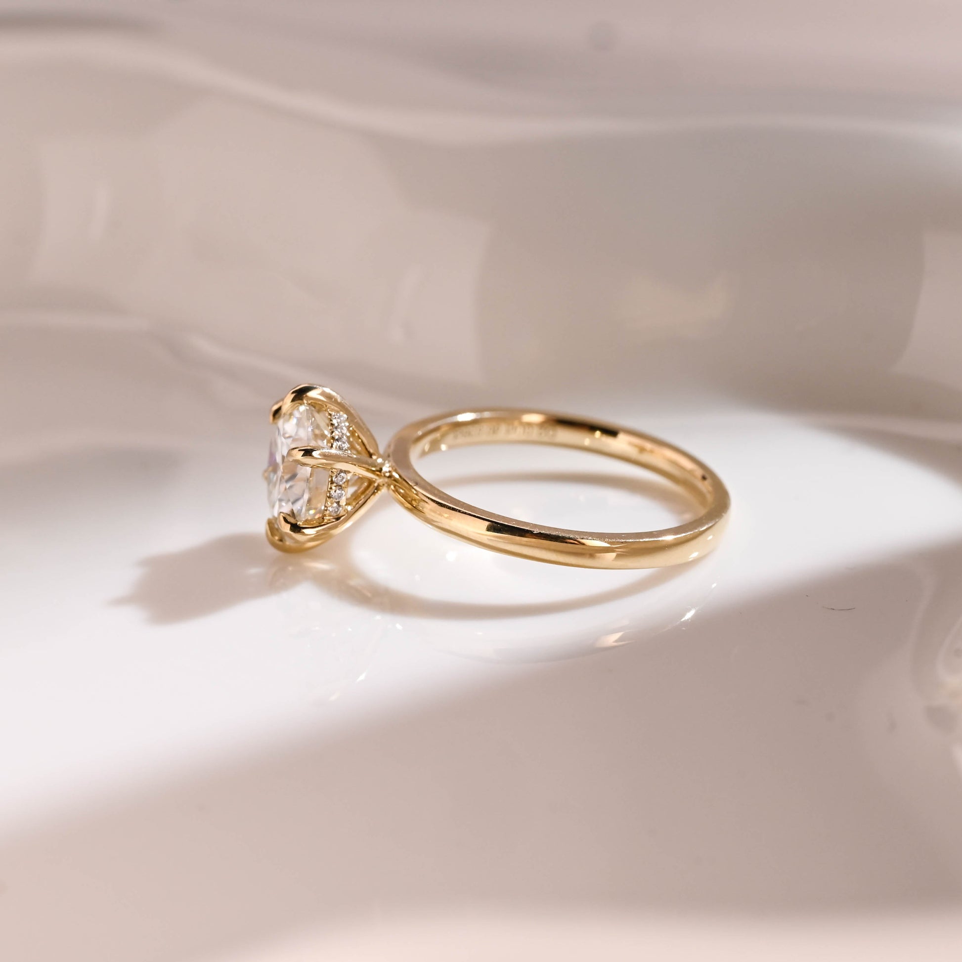 Solid Gold Hidden Halo Round Cut Moissanite Engagement Ring