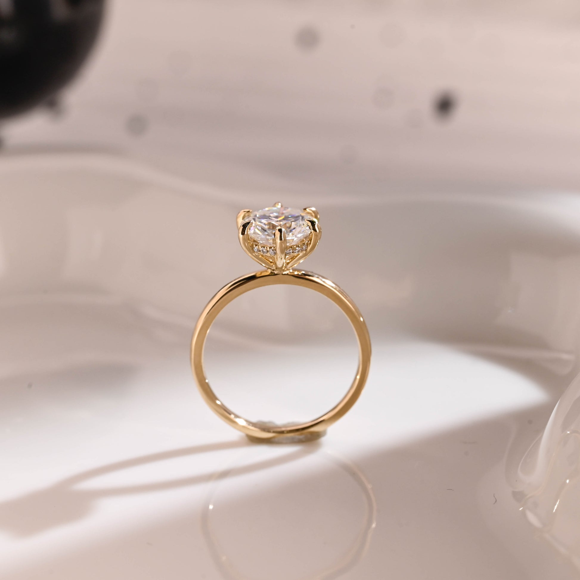 Solid Gold Hidden Halo Round Cut Moissanite Engagement Ring
