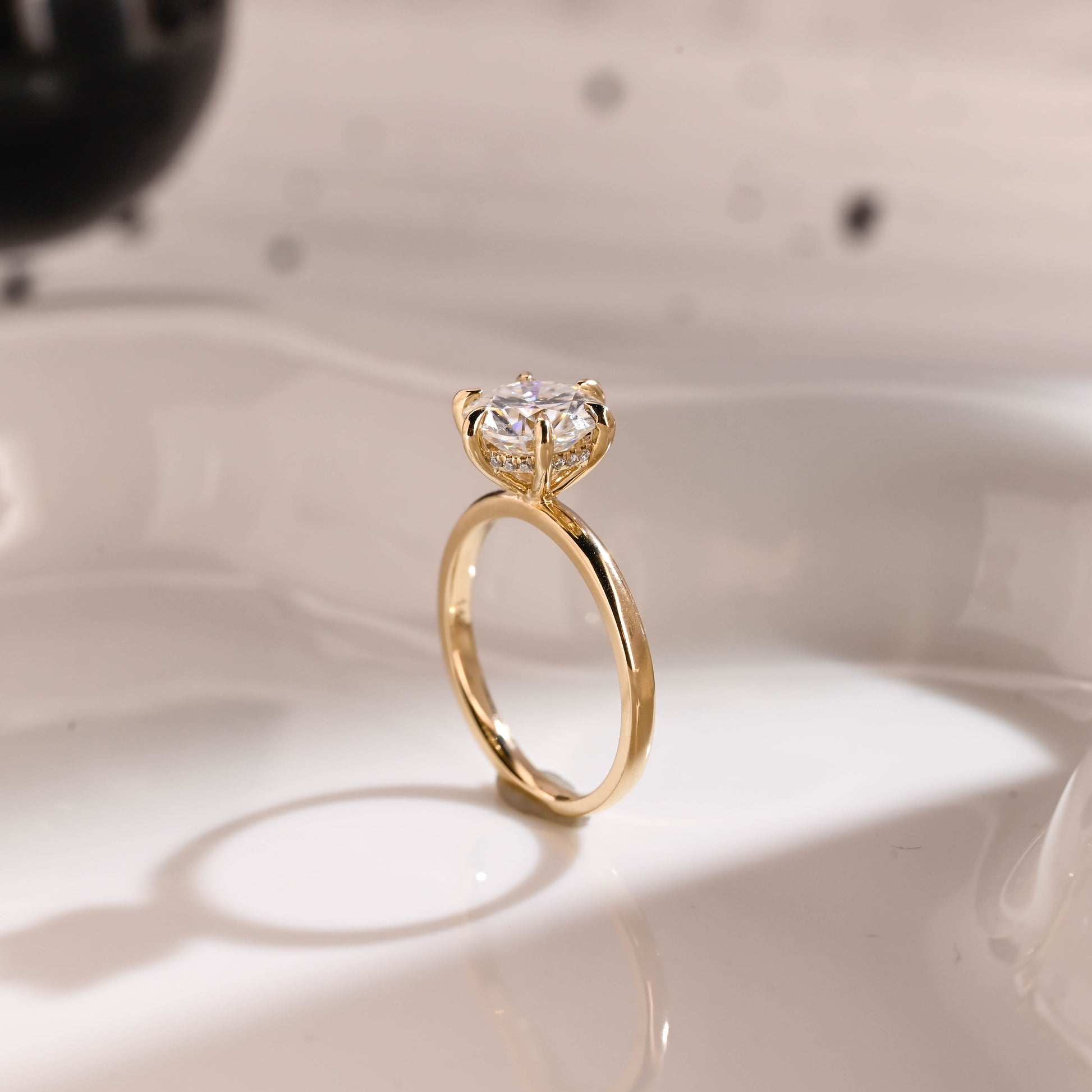 Solid Gold Hidden Halo Round Cut Moissanite Engagement Ring
