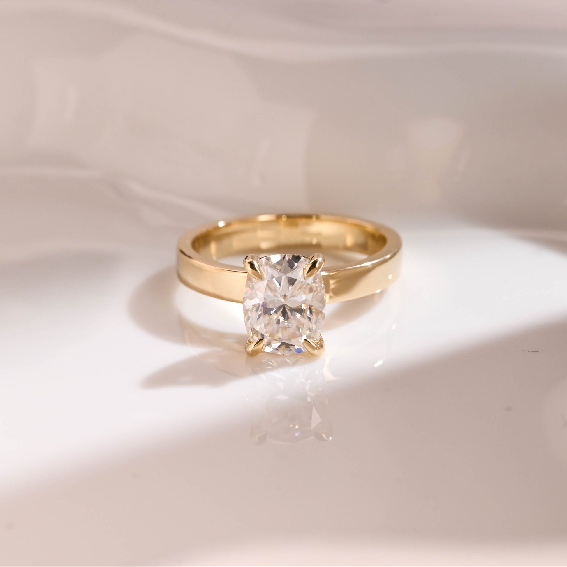 Solid Gold Solitaire 3mm Width Elongated Cushion Cut Moissanite Engagement Ring