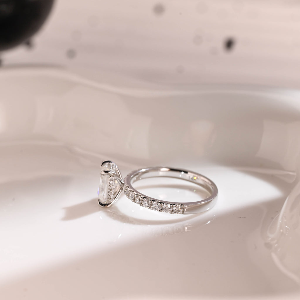 Solid Gold 2.5mm Width Hidden Halo Radiant Cut Moissanite Engagement Ring