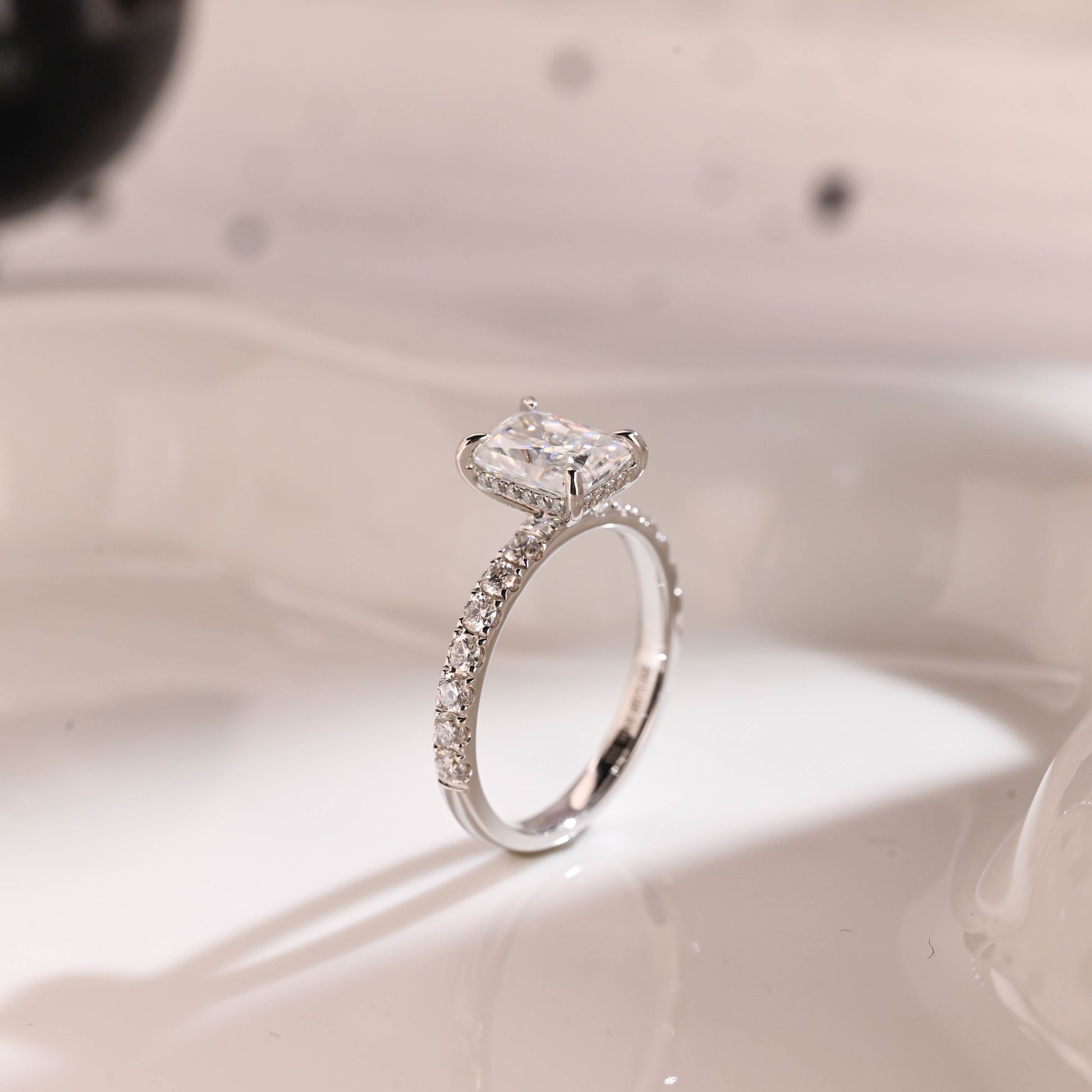 Solid Gold 2.5mm Width Hidden Halo Radiant Cut Moissanite Engagement Ring