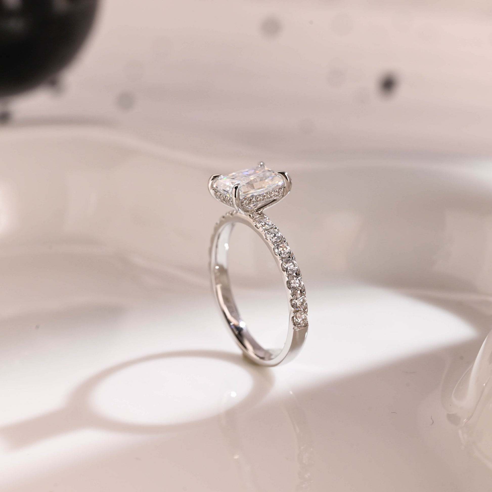 Solid Gold 2.5mm Width Hidden Halo Radiant Cut Moissanite Engagement Ring