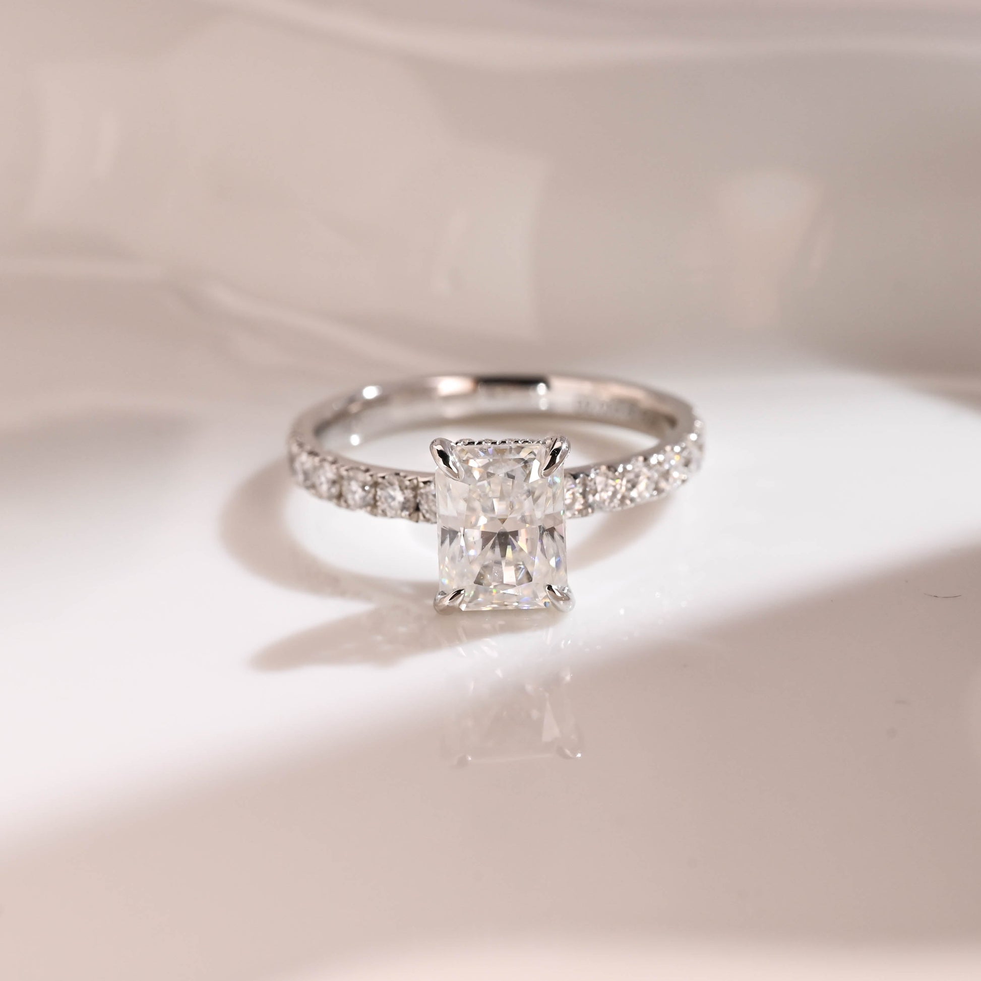 Solid Gold 2.5mm Width Hidden Halo Radiant Cut Moissanite Engagement Ring
