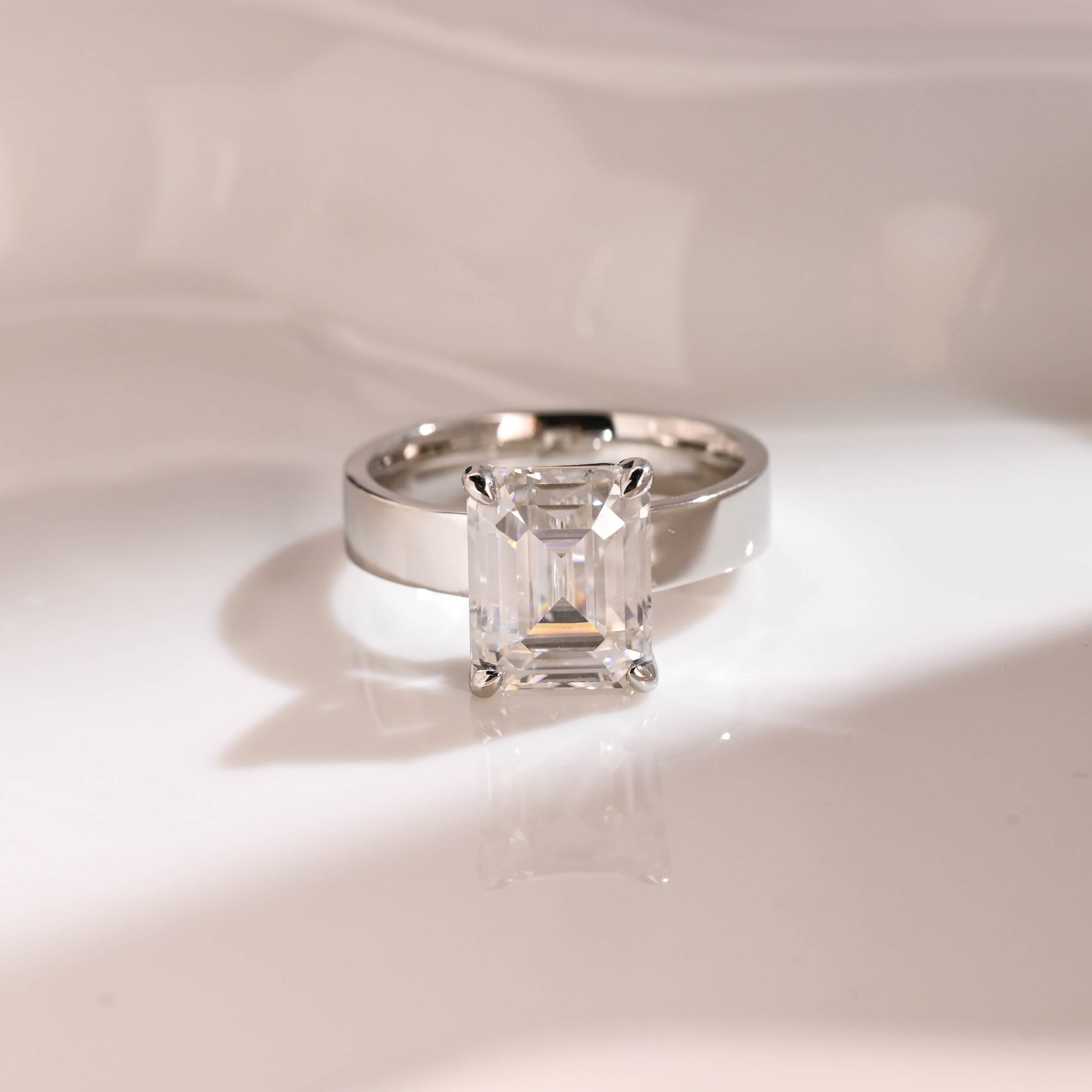 Solid Gold 4mm Width Solitaire Emerald Cut Moissanite Engagement Ring