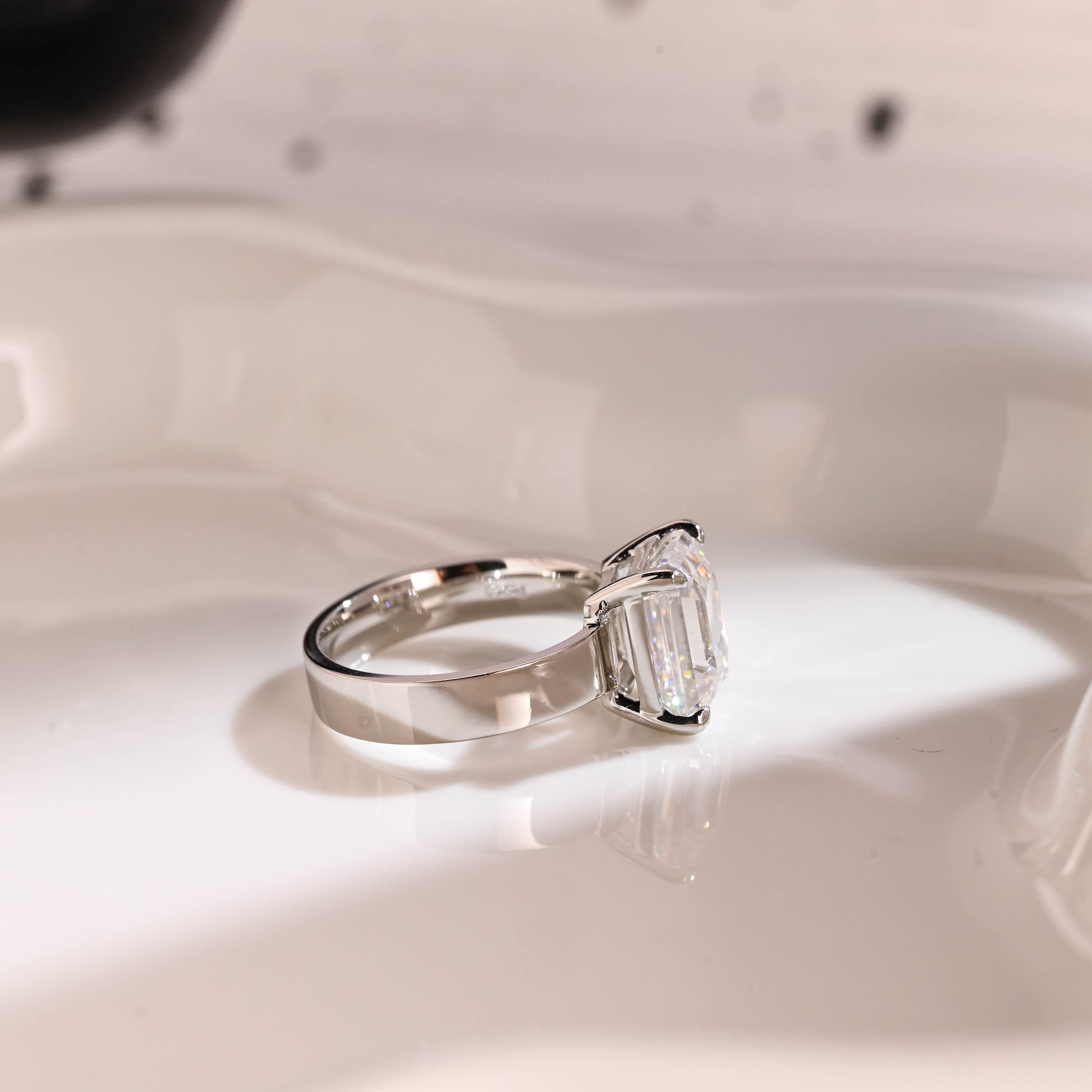 Solid Gold 4mm Width Solitaire Emerald Cut Moissanite Engagement Ring