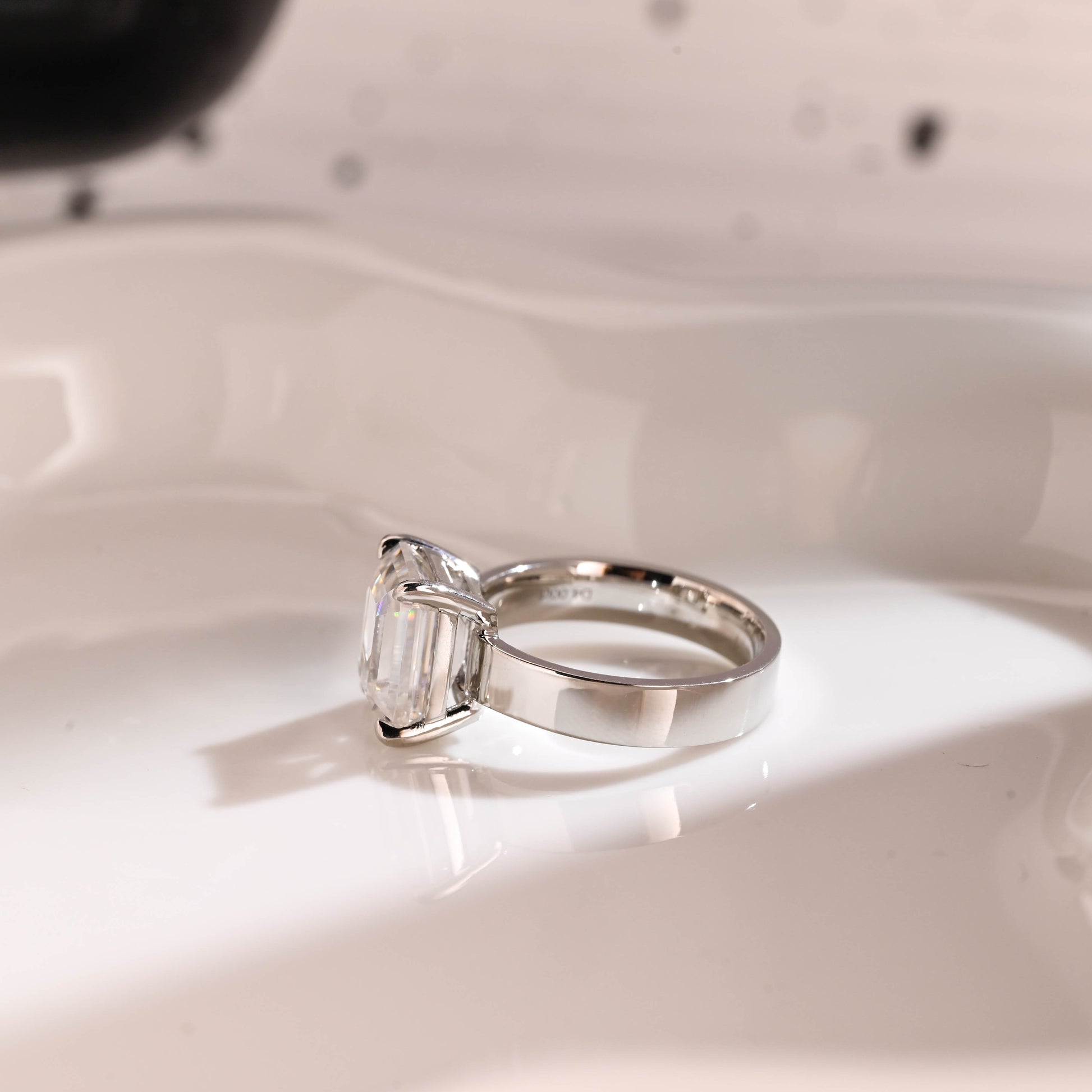 Solid Gold 4mm Width Solitaire Emerald Cut Moissanite Engagement Ring