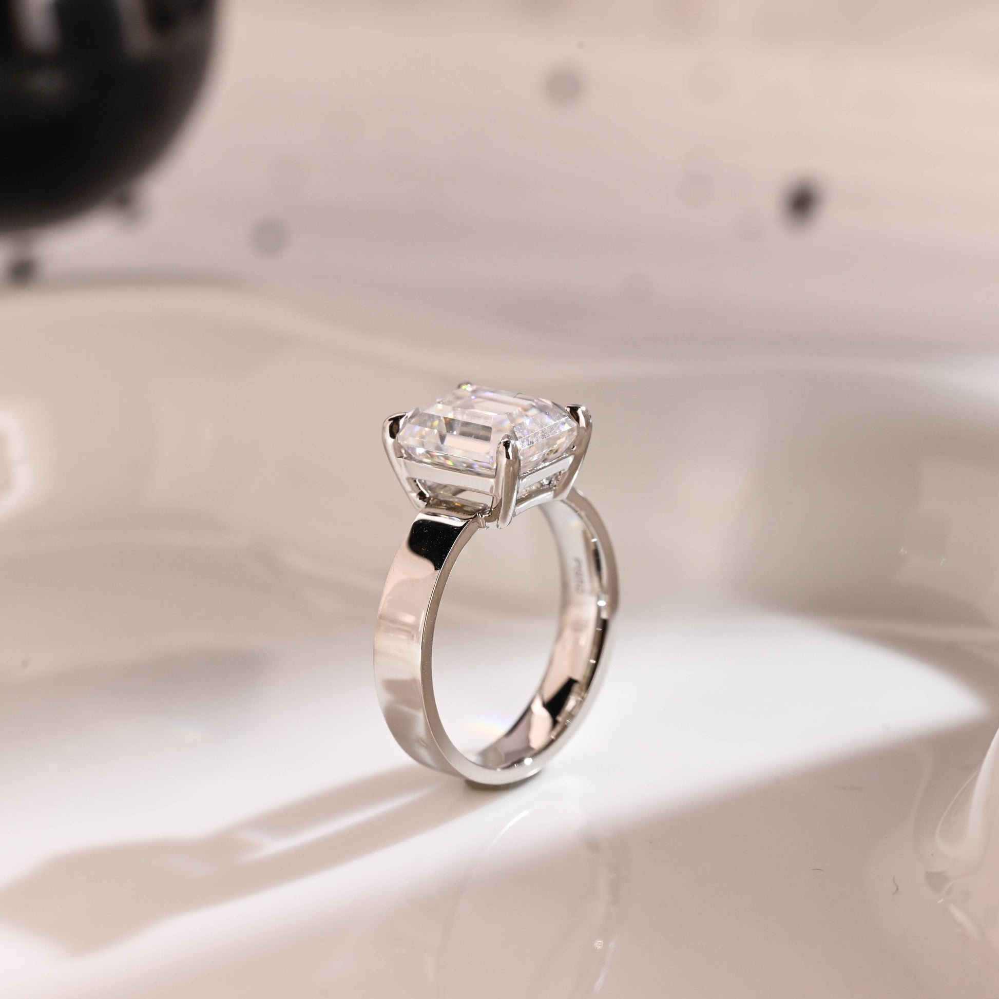 Solid Gold 4mm Width Solitaire Emerald Cut Moissanite Engagement Ring