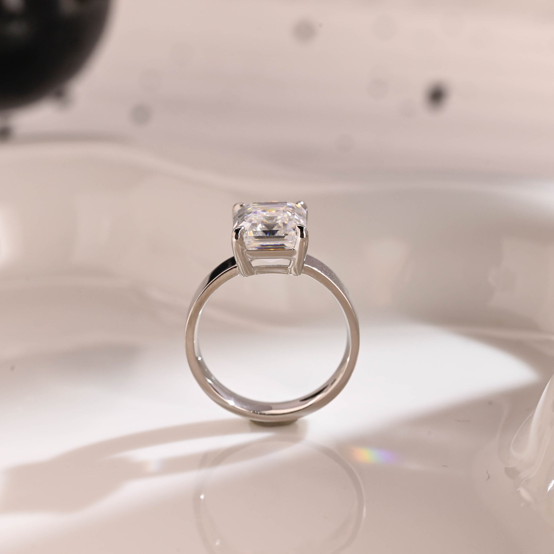 Solid Gold 4mm Width Solitaire Emerald Cut Moissanite Engagement Ring