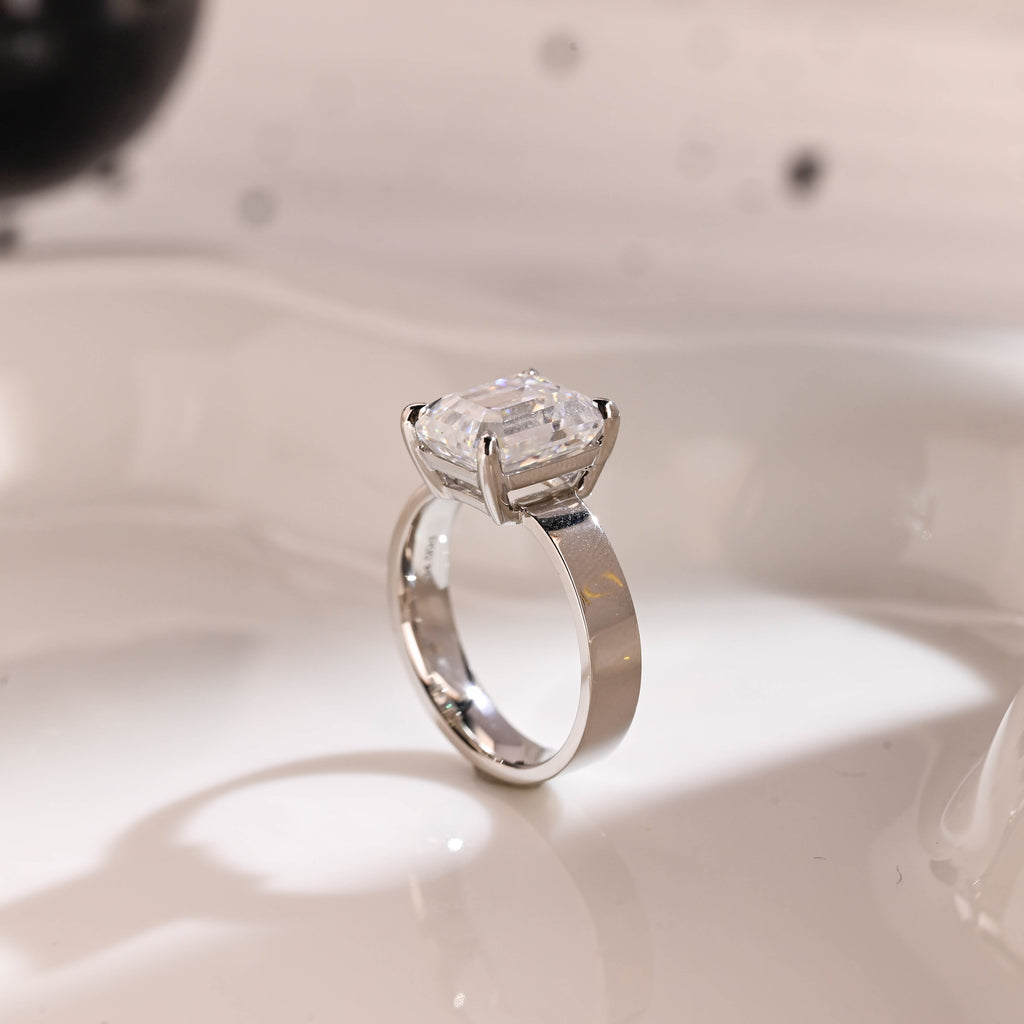 Solid Gold 4mm Width Solitaire Emerald Cut Moissanite Engagement Ring
