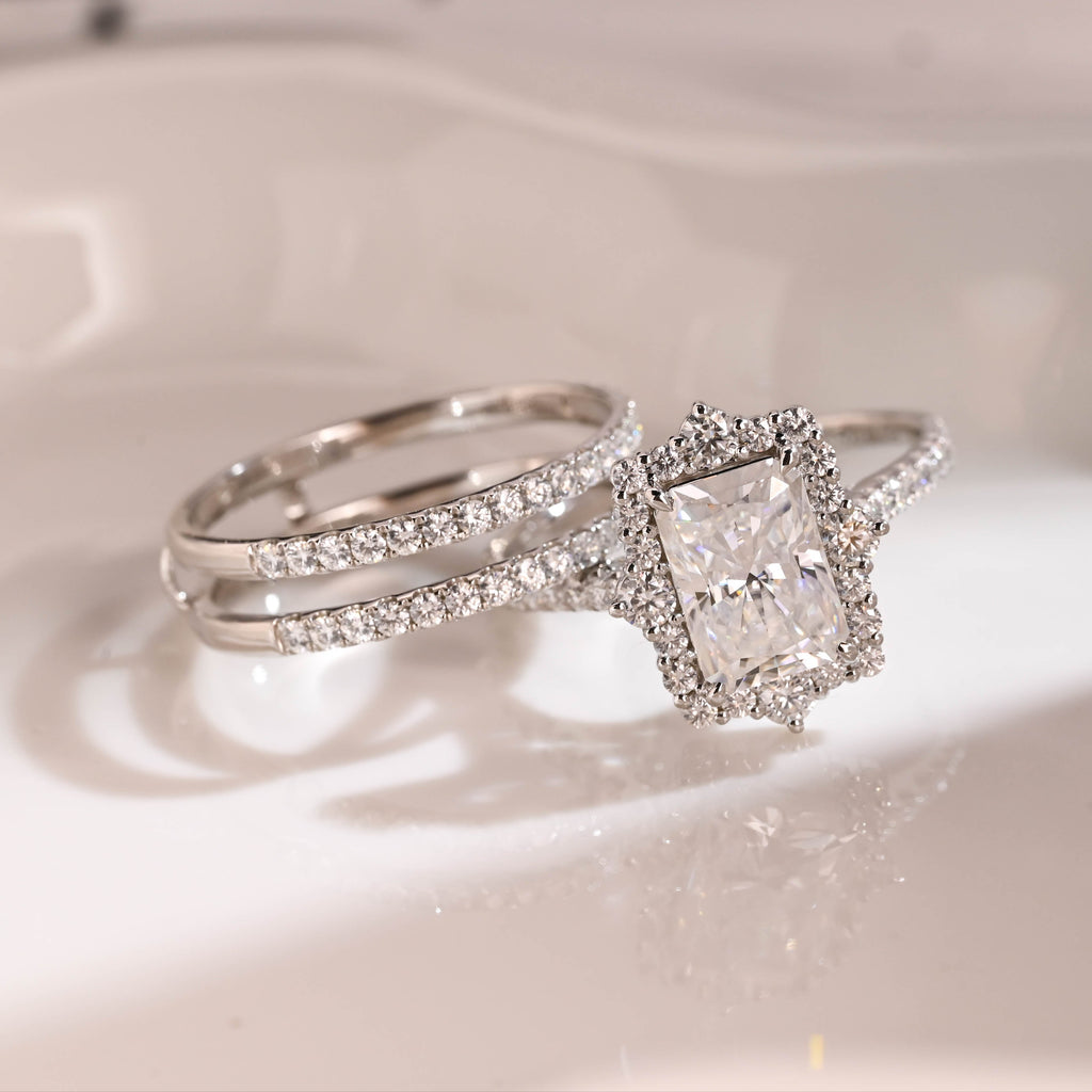 Solid Gold Hidden Halo Radiant Cut Moissanite Wedding Ring Set