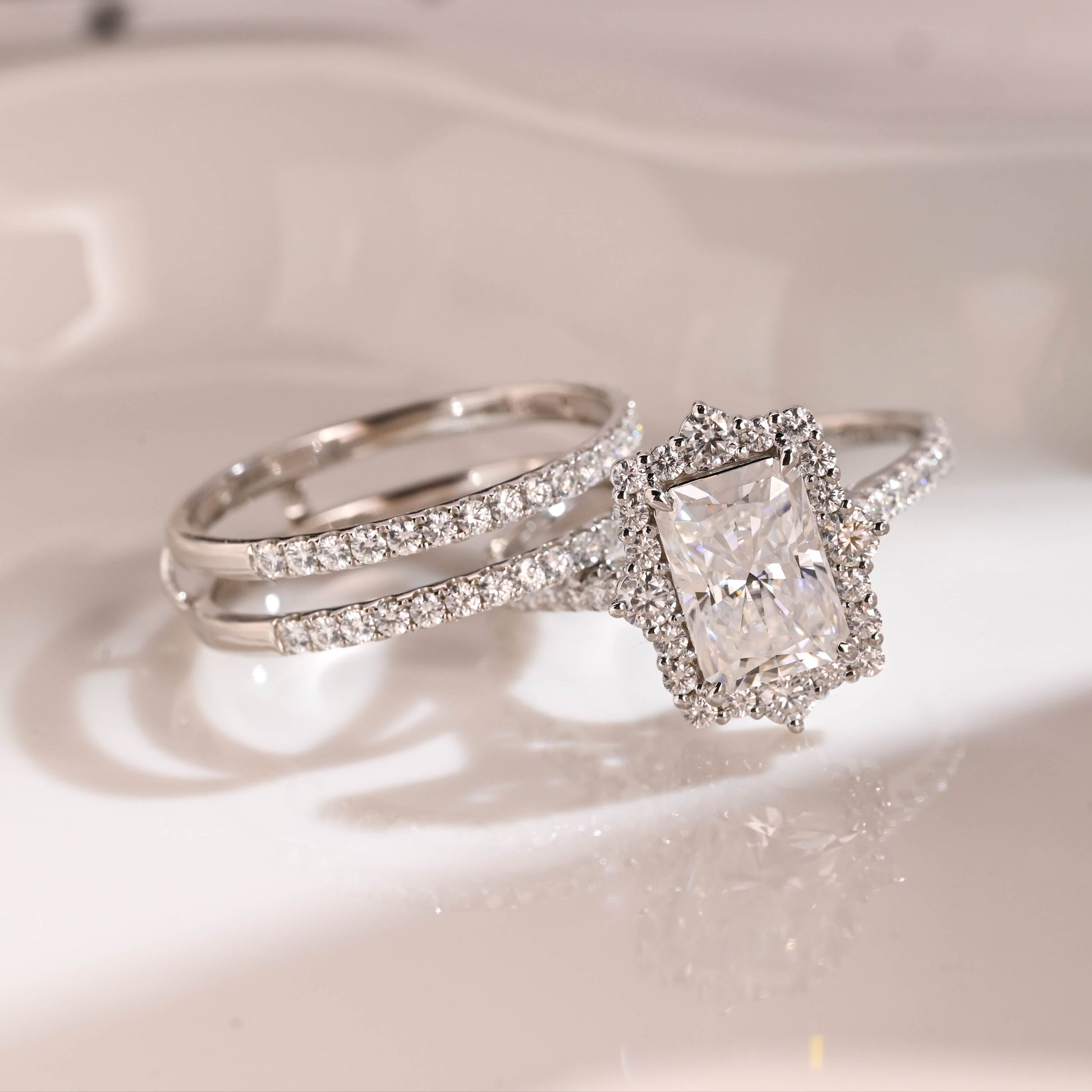 Solid Gold Hidden Halo Radiant Cut Moissanite Wedding Ring Set