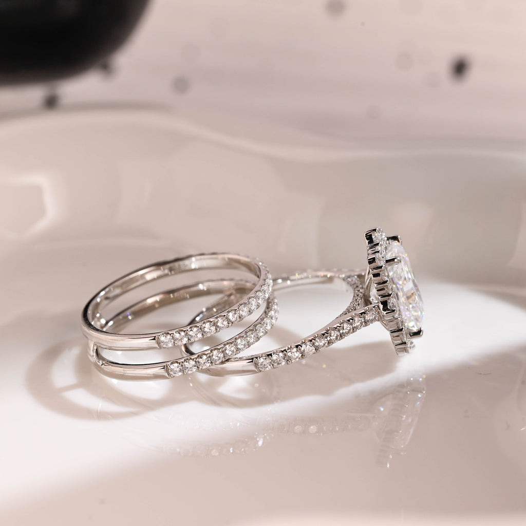 Solid Gold Hidden Halo Radiant Cut Moissanite Wedding Ring Set