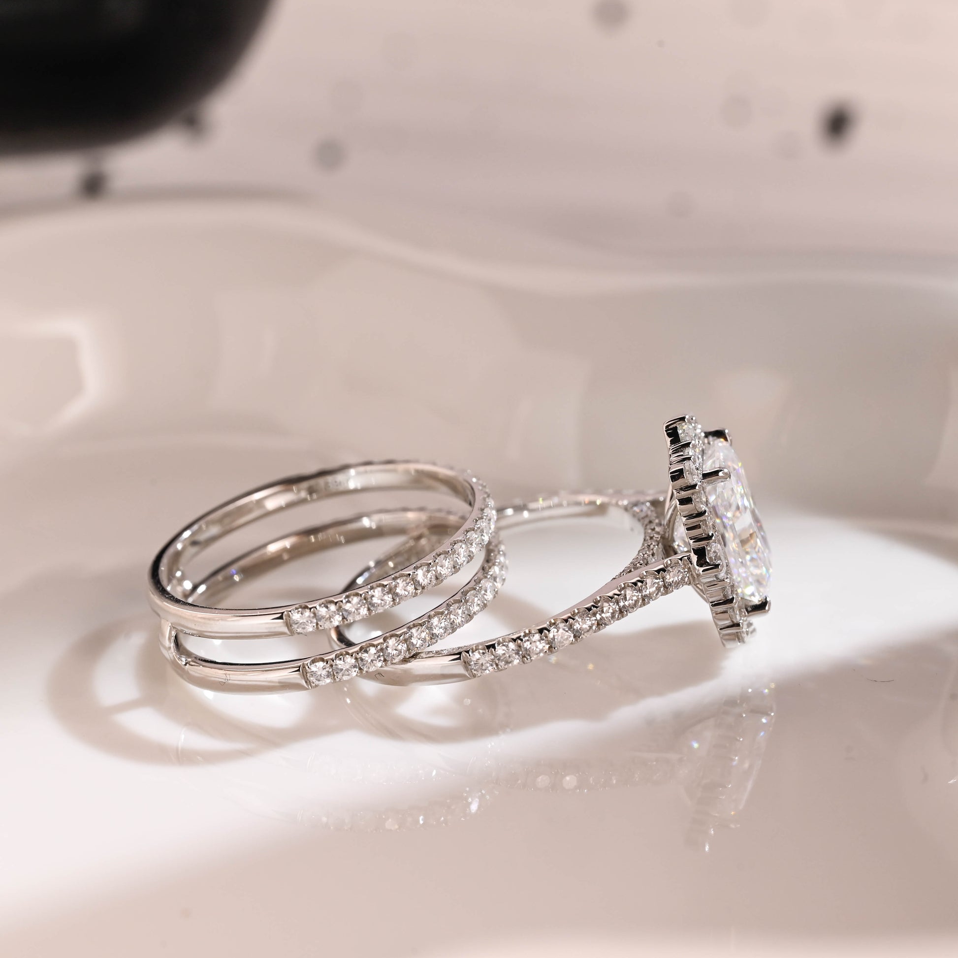 Solid Gold Hidden Halo Radiant Cut Moissanite Wedding Ring Set