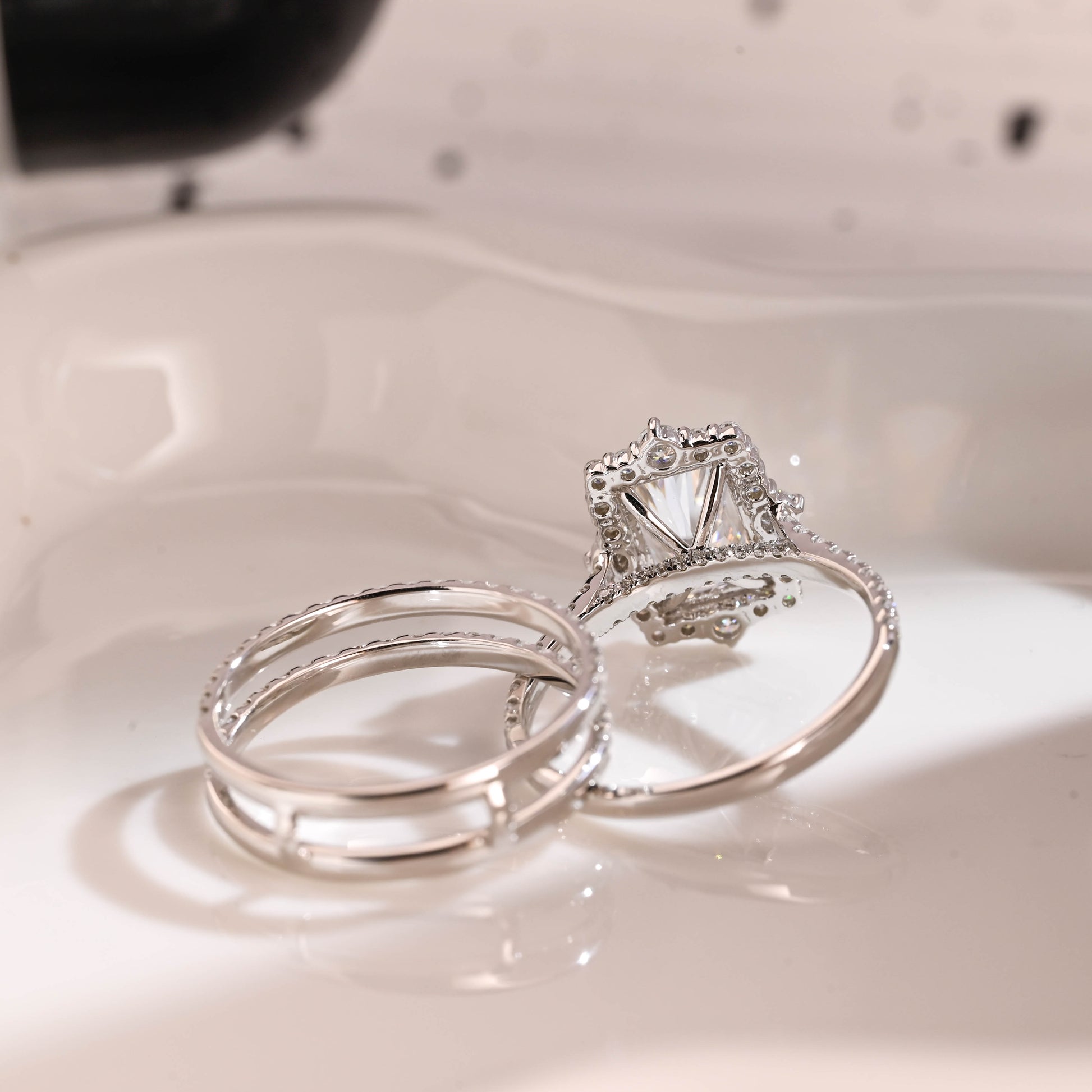 Solid Gold Hidden Halo Radiant Cut Moissanite Wedding Ring Set