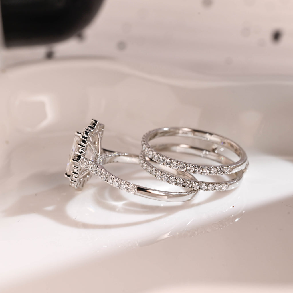 Solid Gold Hidden Halo Radiant Cut Moissanite Wedding Ring Set