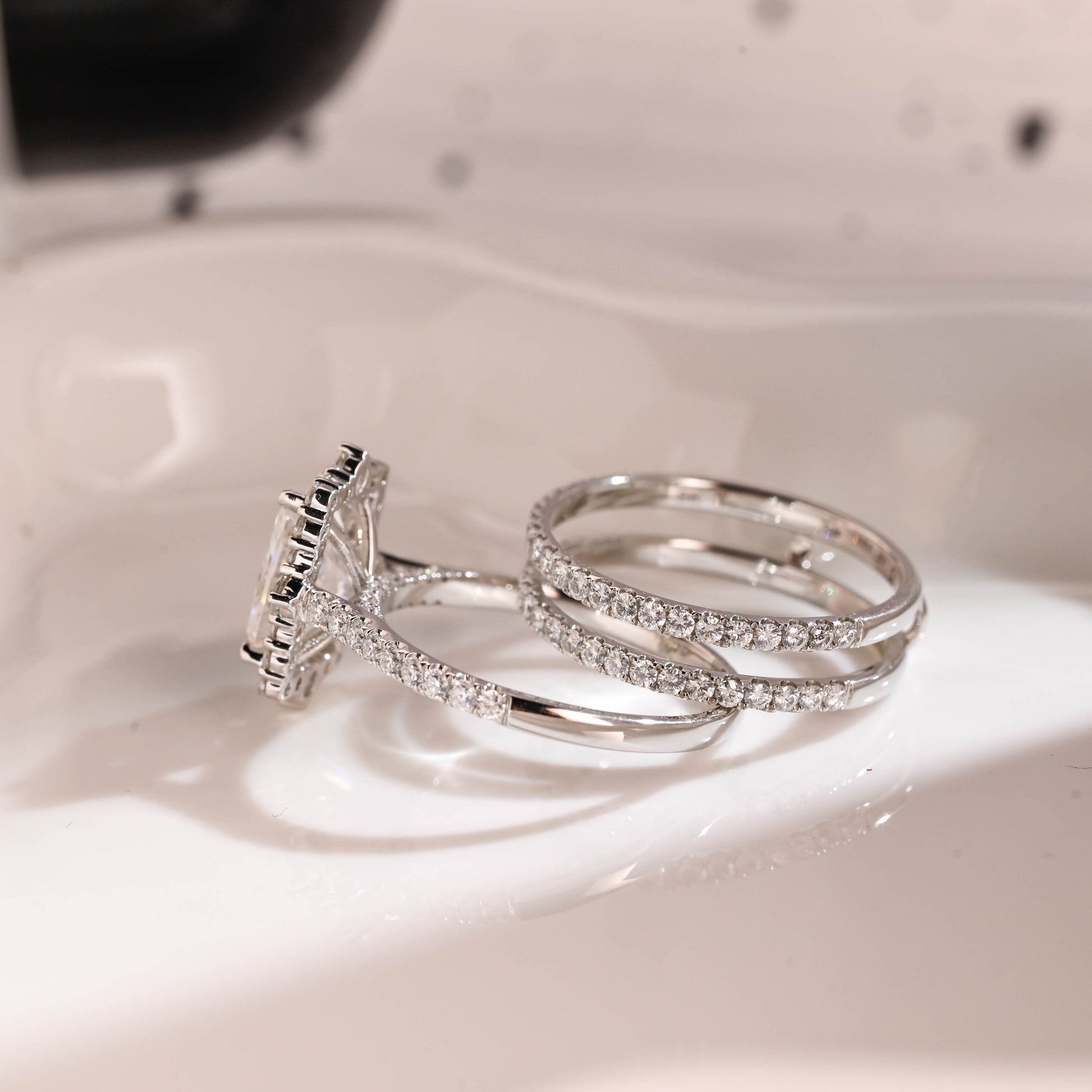 Solid Gold Hidden Halo Radiant Cut Moissanite Wedding Ring Set