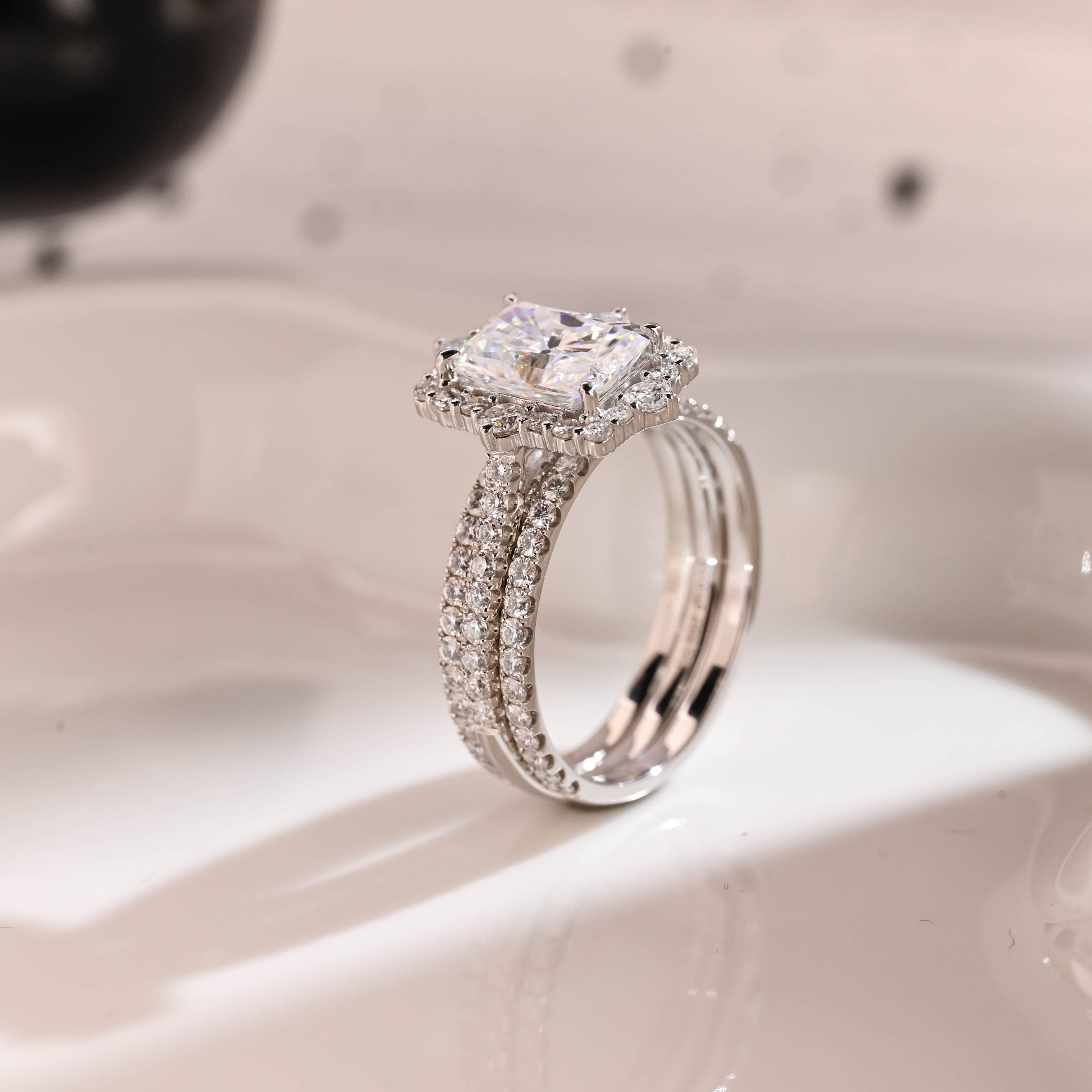 Solid Gold Hidden Halo Radiant Cut Moissanite Wedding Ring Set