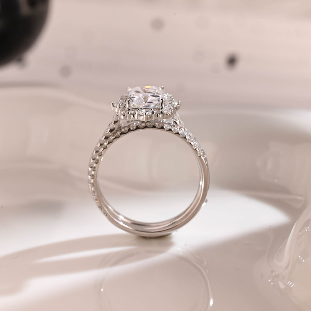 Solid Gold Hidden Halo Radiant Cut Moissanite Wedding Ring Set