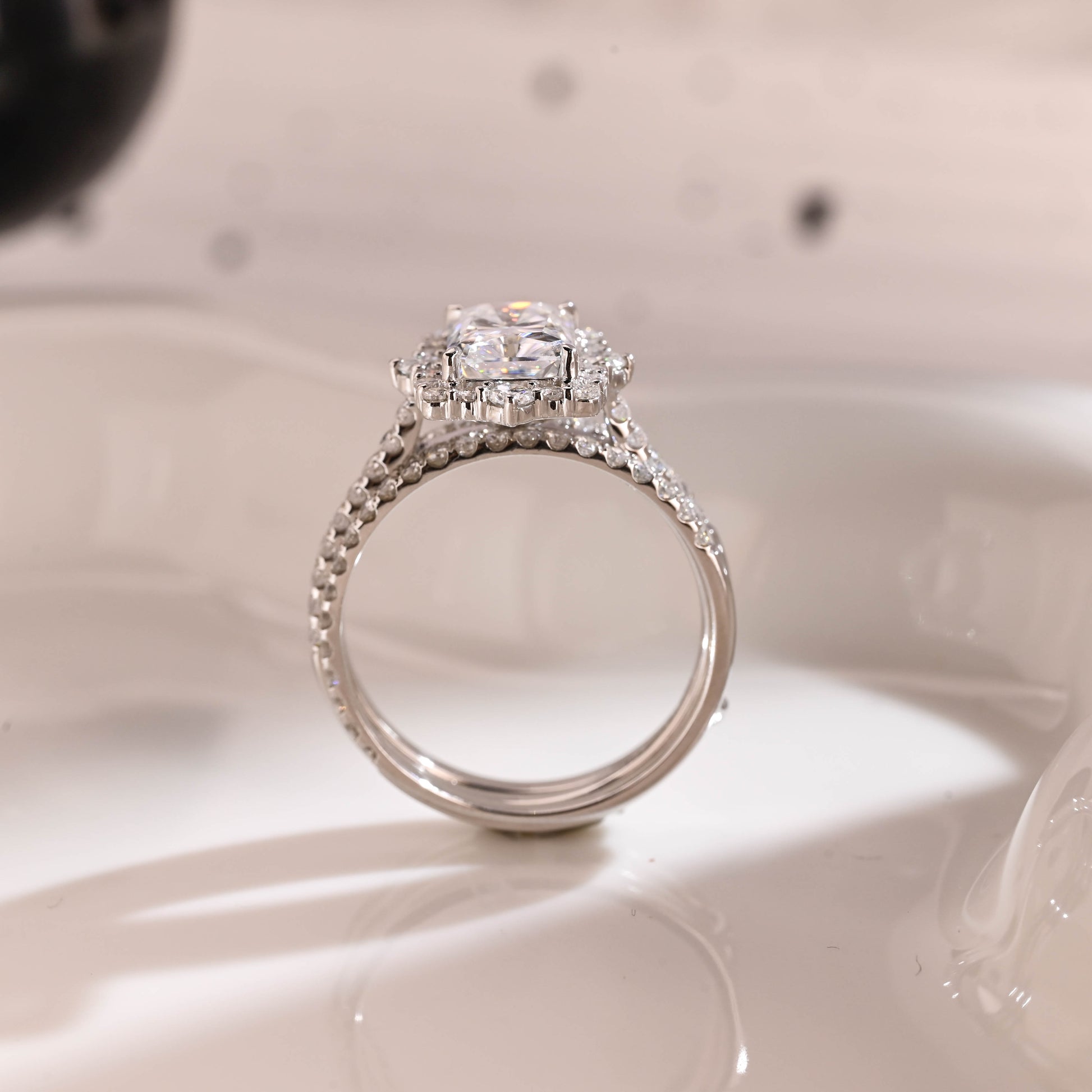 Solid Gold Hidden Halo Radiant Cut Moissanite Wedding Ring Set