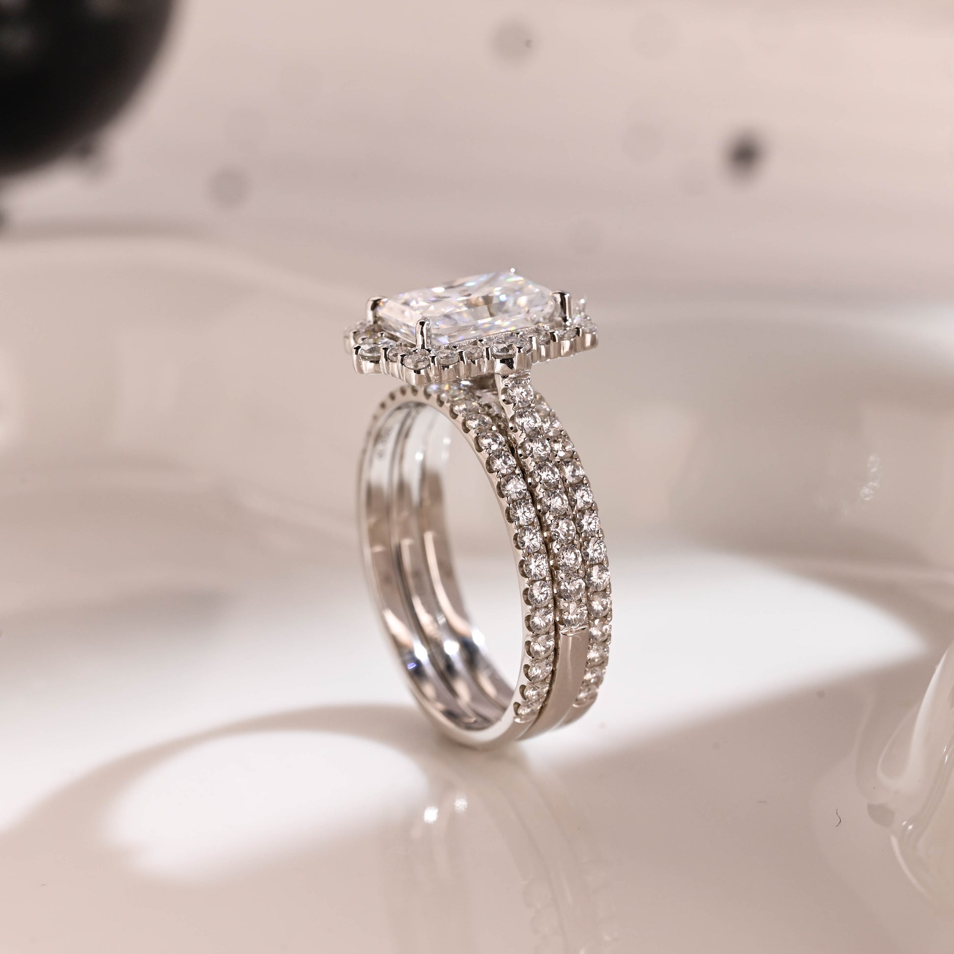 Solid Gold Hidden Halo Radiant Cut Moissanite Wedding Ring Set
