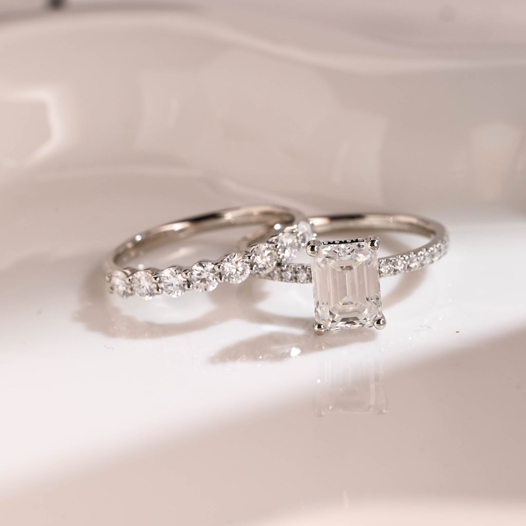 Solid Gold Hidden Halo Emerald Cut Moissanite Wedding Ring Set
