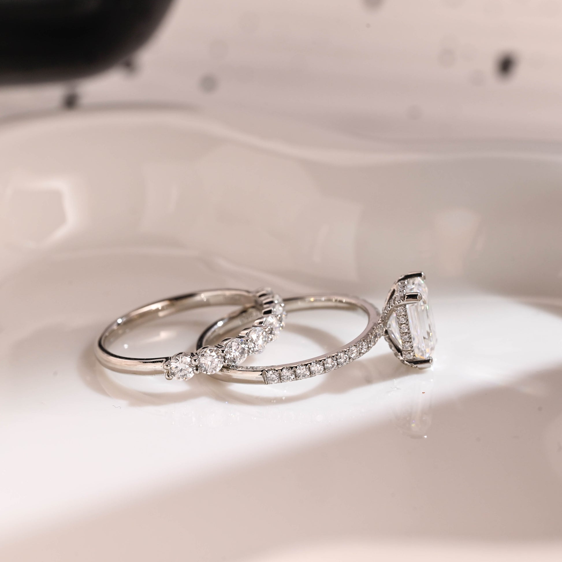 Solid Gold Hidden Halo Emerald Cut Moissanite Wedding Ring Set