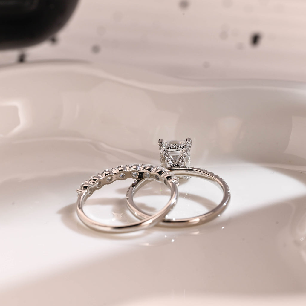 Solid Gold Hidden Halo Emerald Cut Moissanite Wedding Ring Set