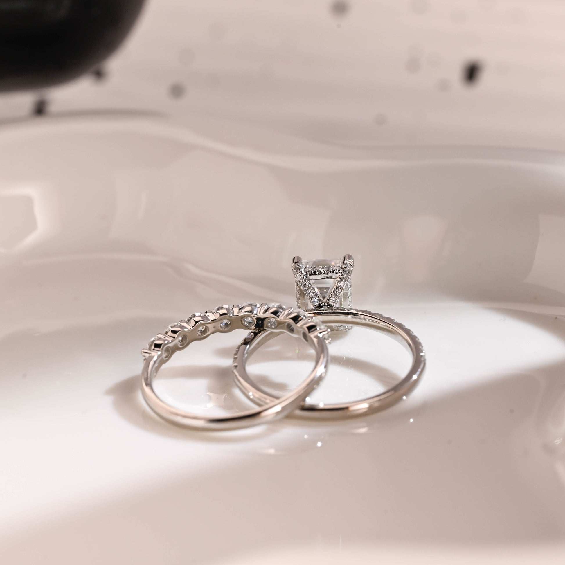 Solid Gold Hidden Halo Emerald Cut Moissanite Wedding Ring Set