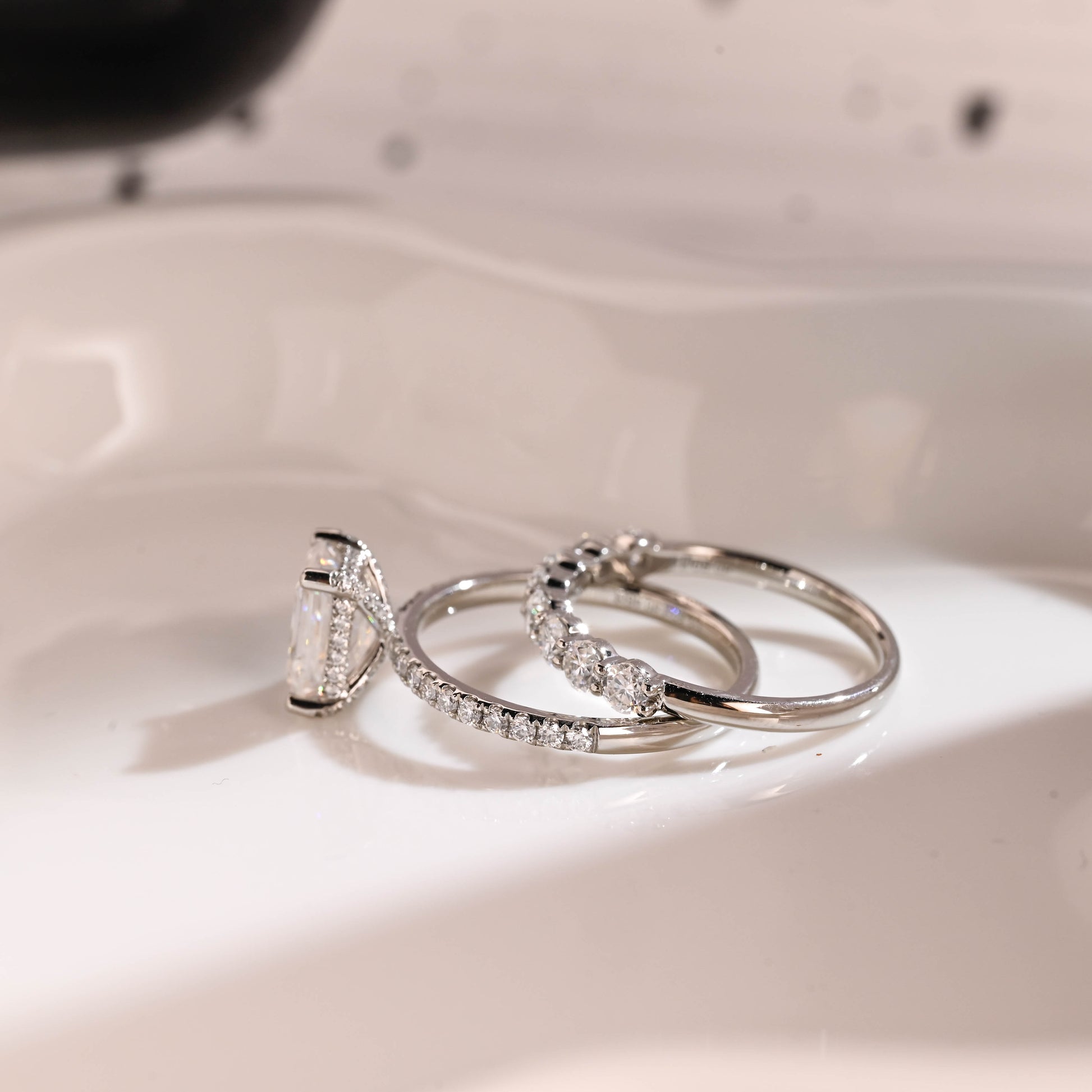 Solid Gold Hidden Halo Emerald Cut Moissanite Wedding Ring Set