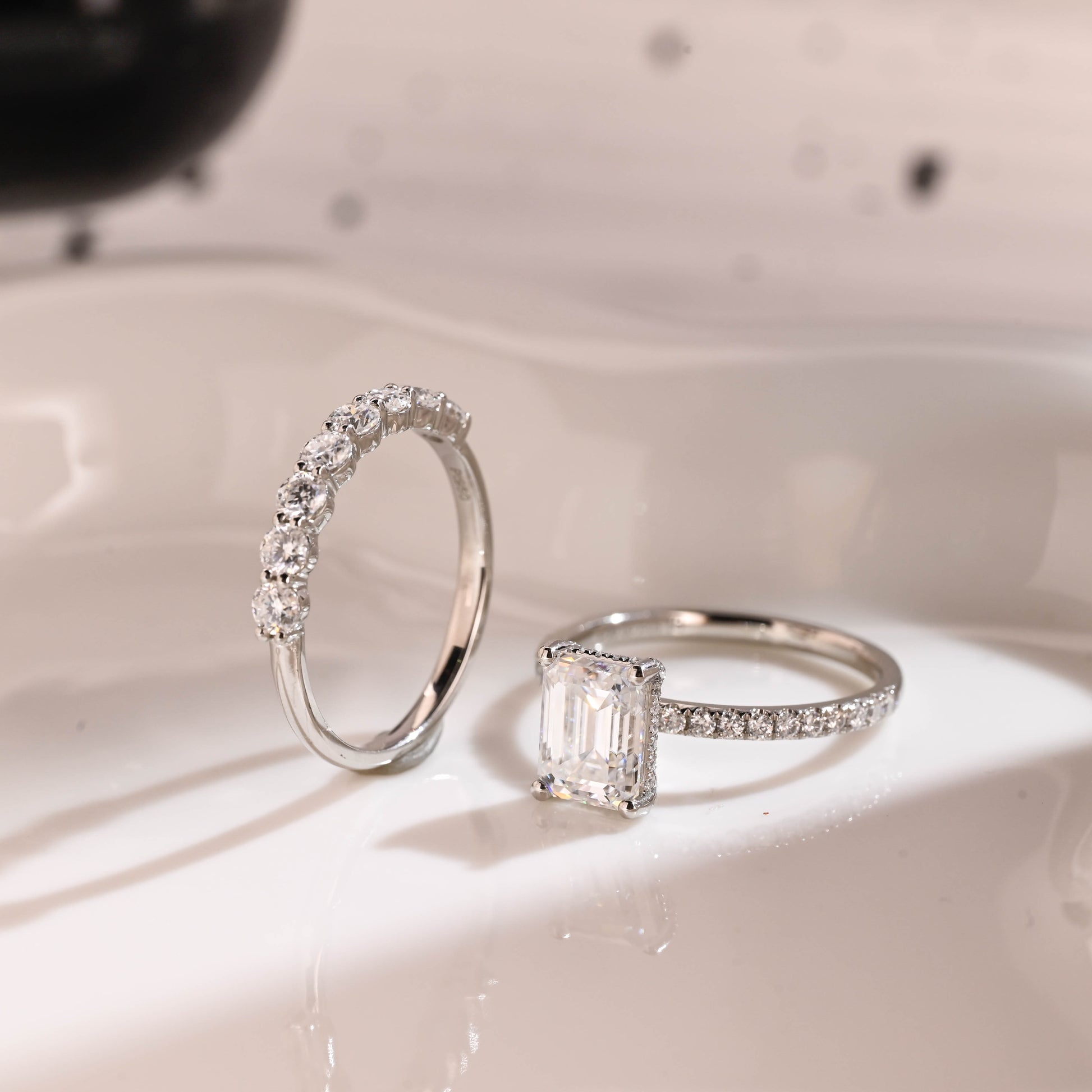 Solid Gold Hidden Halo Emerald Cut Moissanite Wedding Ring Set