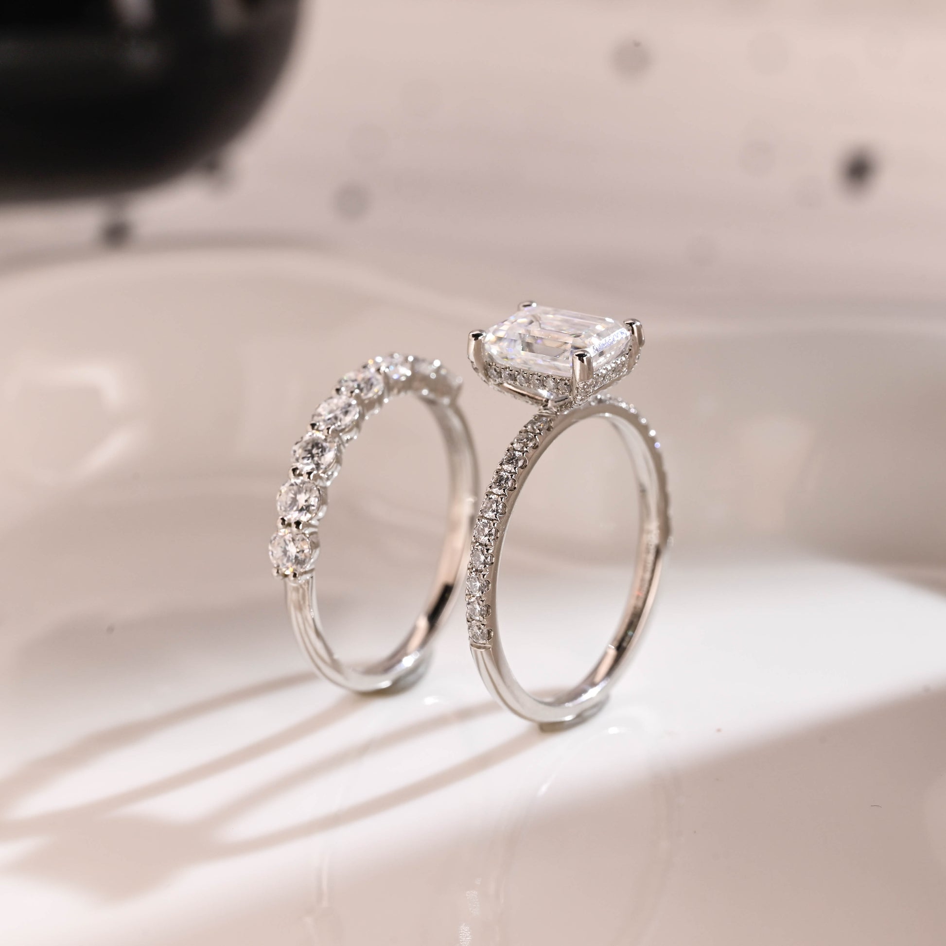 Solid Gold Hidden Halo Emerald Cut Moissanite Wedding Ring Set