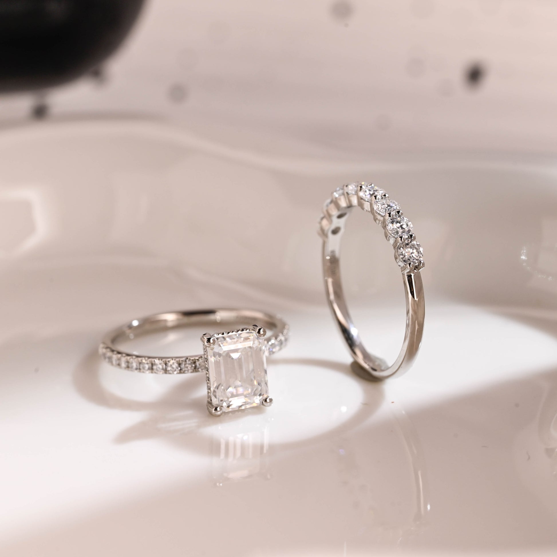 Solid Gold Hidden Halo Emerald Cut Moissanite Wedding Ring Set